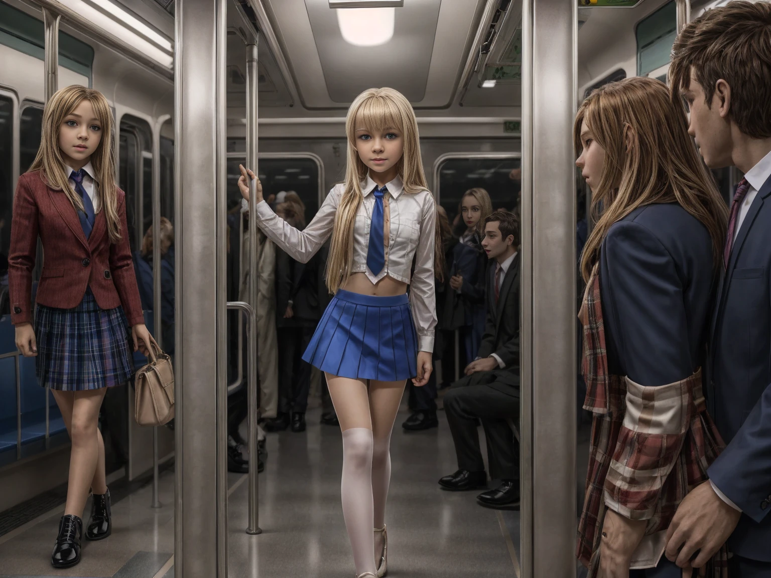 2 beautiful little nine years old Russian school girls, long blonde straight hair, baby face, tiny plaid blue skirt, white pantyhose, nice breasts, tiny white blouse, blue tie, standing on the train at night, full of people, nice legs, nice navel, very thin, black shoes, full body, being harassed and groped on the train by an older man.