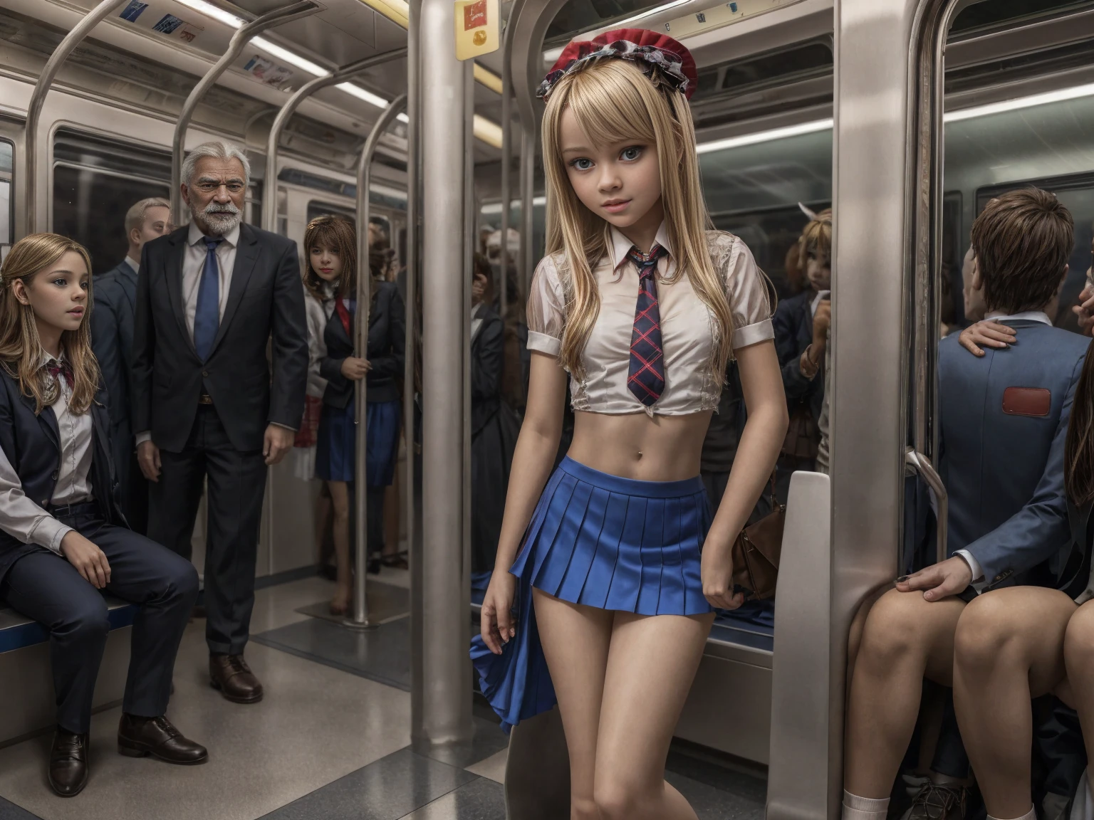 2 beautiful  Russian school girls, long blonde straight hair, baby face, tiny plaidrt, white pantyhose, nice breasts, tiny white blouse, blue tie, standing on the train at night, full of people, nice legs, nice navel, very thin, black shoes, full body, being harassed and groped on the train by an older man.