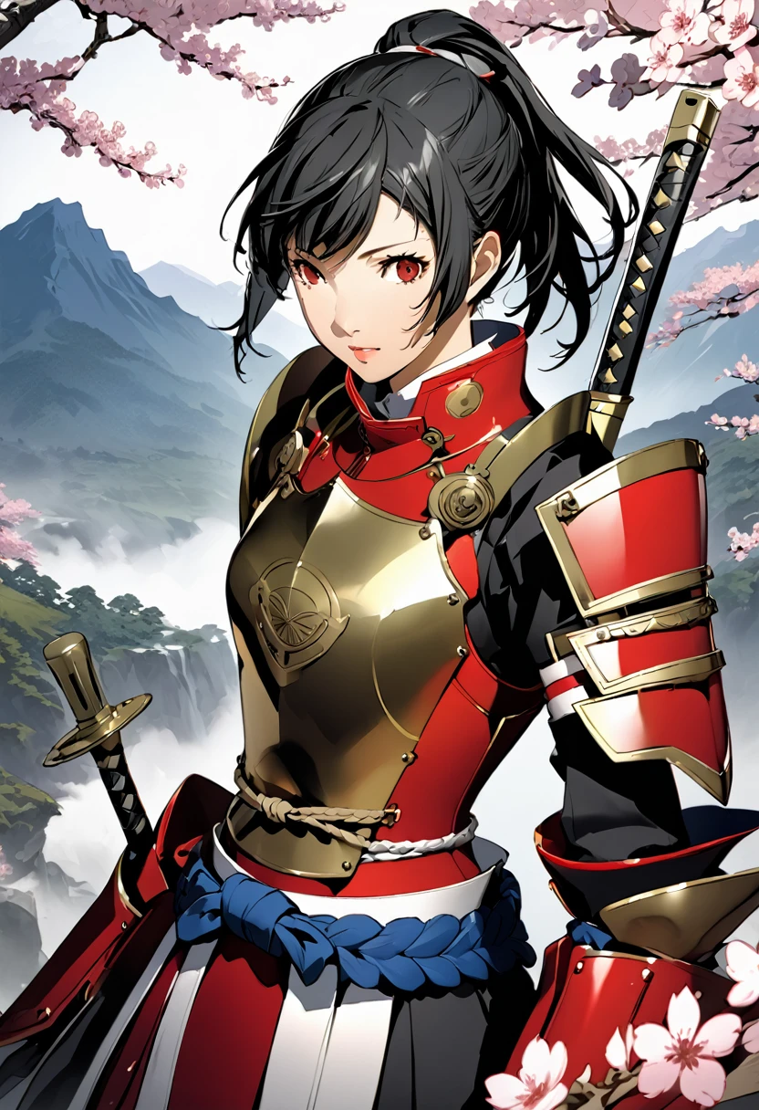 (masterpiece, best quality),Detailed illustration of Tomoe Gozen, a legendary female samurai from 1200s Japan, in a highly stylized game character design. She stands confidently in an epic pose with a long, flowing ponytail(black-hair) and traditional samurai armor, intricately designed with ornate patterns. Her armor combines elements of traditional Japanese armor with fantasy elements—her chest plate and shoulder guards are embellished with subtle dragon and wave motifs. She wields a long katana with a vibrant, razor-sharp blade, and a bow is strapped to her back, showing her skill in multiple weapons. Her face is fierce yet beautiful, with a focused and determined expression, while her stance exudes strength and elegance. Behind her, a misty mountain landscape fades into the background, with cherry blossoms subtly falling around her. The color palette is deep and rich, focusing on dark reds, blacks, and silver accents to give her a bold and heroic appearance.(Character design by shigenori Soejima,Characters that appear in the video game "Persona4"),