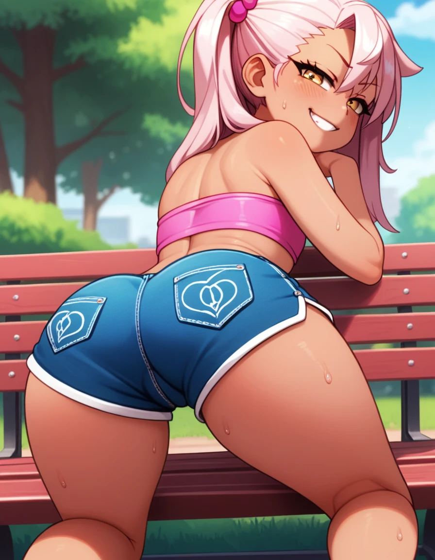 1girl,solo,smile,outdoor,pink tube top, pulled down hotpants, gyaru clothes, thighighs,kneeling ontop of a bench, hands on bench backrest, chloe,dark_skinned_female,dark_skin,long_hair,pink_hair,yellow_eyes,hair_between_eyes,white_hair,bangs,half_updo,one_side_up, young girl, **li, nice hips, slutty loli, no panties, bedroom eyes, slutty, sweating, sweat, flushed face, lewd, glancing backover shoulder, bent over, presenting ass, ass, detailed pussy, labia, (nude ass), (view from behind:1.3), smug, 