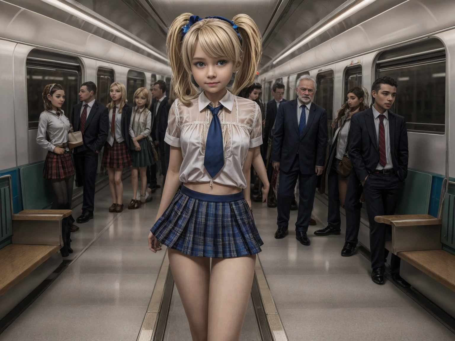 2 beautiful little nine years old Russian school girls, short blonde straight hair, pigtails, baby face, tiny plaid blue skirt, white pantyhose, nice breasts, tiny white blouse, blue tie, standing on the train at night, full of people, nice legs, nice navel, very thin, black shoes, full body, being harassed and groped on the train by an older man.