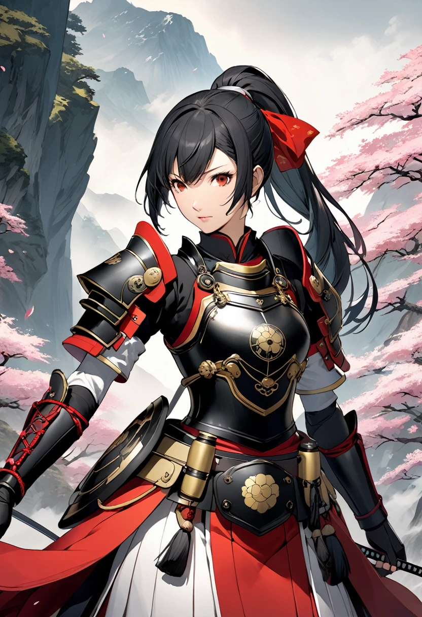 (masterpiece, best quality),Detailed illustration of Tomoe Gozen, a legendary female samurai from 1200s Japan, in a highly stylized game character design. She stands confidently in an epic pose with a long, flowing ponytail(black-hair) and traditional samurai armor, intricately designed with ornate patterns. Her armor combines elements of traditional Japanese armor with fantasy elements—her chest plate and shoulder guards are embellished with subtle dragon and wave motifs. She wields a long katana with a vibrant, razor-sharp blade, and a bow is strapped to her back, showing her skill in multiple weapons. Her face is fierce yet beautiful, with a focused and determined expression, while her stance exudes strength and elegance. Behind her, a misty mountain landscape fades into the background, with cherry blossoms subtly falling around her. The color palette is deep and rich, focusing on dark reds, blacks, and silver accents to give her a bold and heroic appearance.(Character design by shigenori Soejima,Characters that appear in the video game "Persona4"),