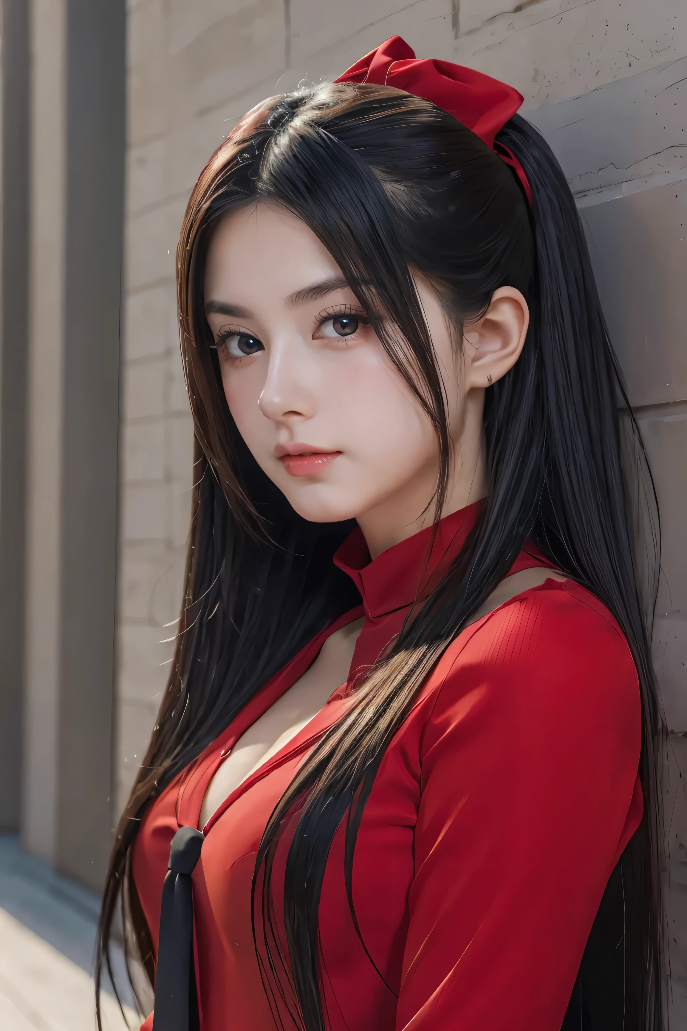  anime girl wearing a red shirt and black tie is taking a photo, Jan J, extremely detailed artiger , Tohsaka Rin, artiger  jsc,   Gwaze style artwork ,  Beautiful Digital Art , artiger .   high detail, range murata and artiger , style artiger , Even number model |  artiger 