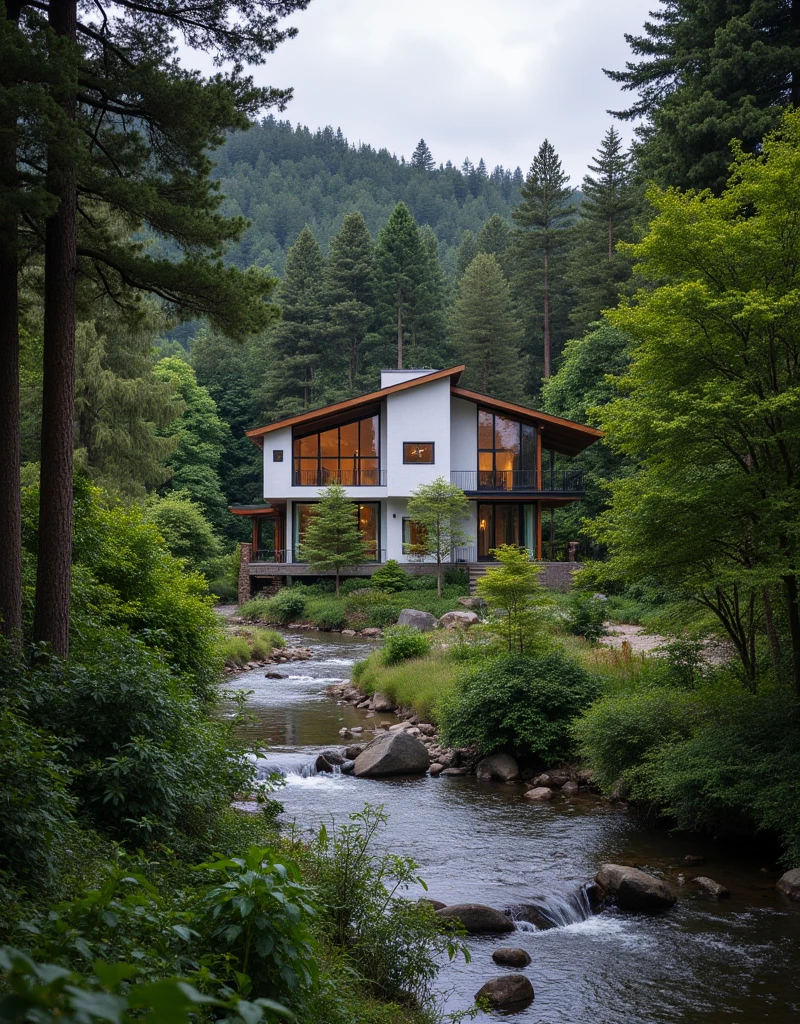 mordenhouse, white house, side of a river, middle of a forest, modern craftsman house , dynamic (RAW photo, real, best quality, masterpiece:1.2), detailed, (hyper realistic, photo-realistic:1.2), high quality, (dark lighting:1.2), perfect lighting, archdaily