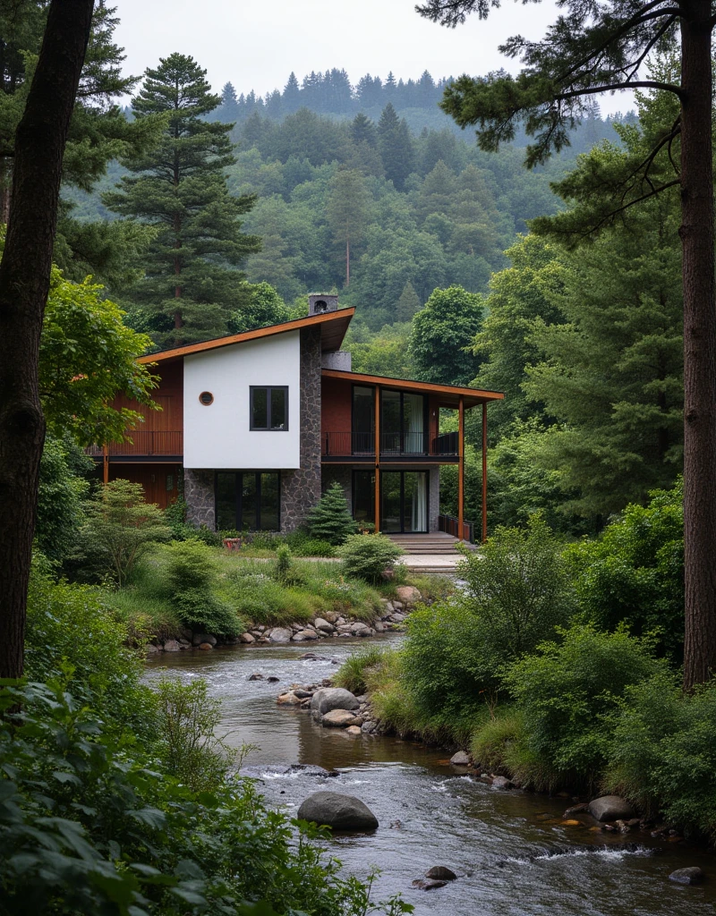 mordenhouse, white house, side of a river, middle of a forest, modern craftsman house , dynamic (RAW photo, real, best quality, masterpiece:1.2), detailed, (hyper realistic, photo-realistic:1.2), high quality, (dark lighting:1.2), perfect lighting, archdaily