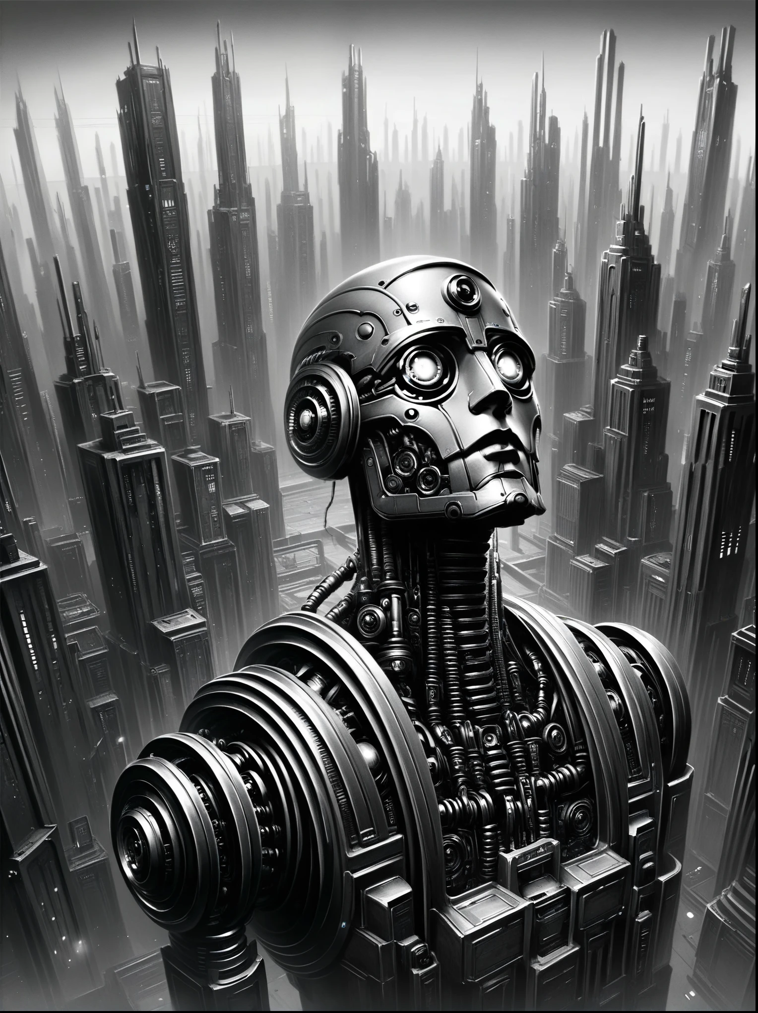 score_9, score_8_above, score_7_above, android, futuristic, Stylized, Art Deco, expressionist, 1920s, Black and White