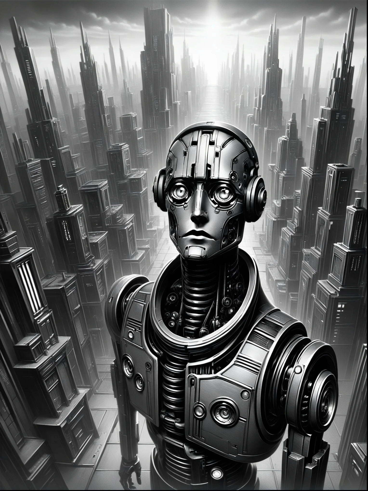 score_9, score_8_above, score_7_above, android,  futuristic, Stylized, Art Deco, expressionist, 1920s,  Black and White  