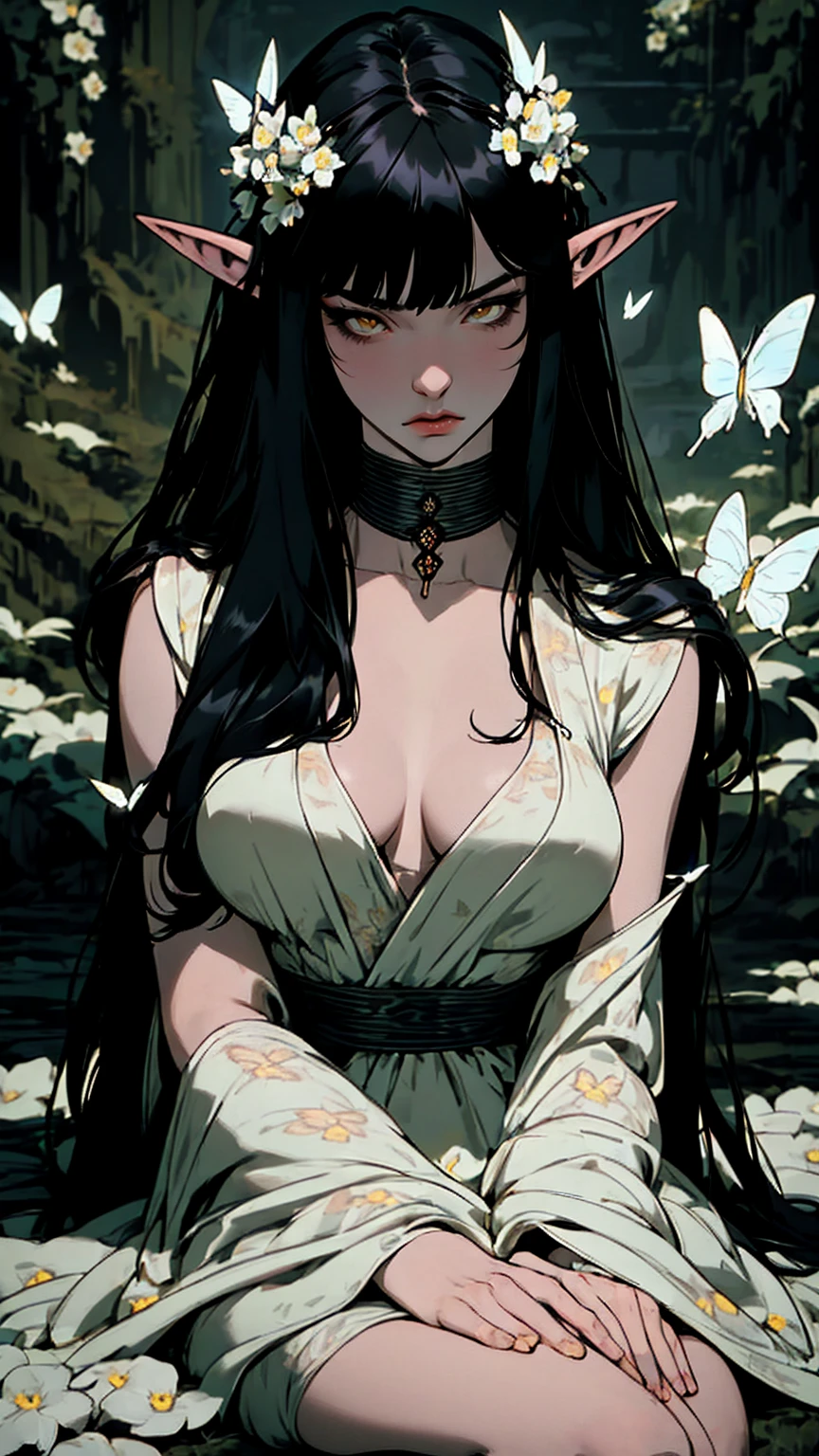 hyper-realistic  of a mysterious woman with flowing black hair, piercing opal eyes, and a delicate floral crown, delicate smile,  whole body, sitting on the ground, white flowers arround, butterflies