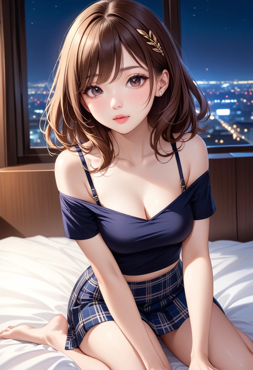 (Ultra-Detailed, Top Quality, High Resolution, Sharp Focus:1.4), (Craftsmanship Hyper-Realistic Photography:1.4), A pretty 20 year old tiptop supermodel woman in an off-shoulder t-shirt, bra straps, plaid flared skirt is Wariza on the bed in the hotel room at night, looking at the viewer. She has medium brown hair and a hair clip, smooth pale skin, dark eyes, a narrow nose, an open mouth, rosy cheeks, shiny lips, small breasts. Her face, body and even the texture of her hair are rendered in extreme detail. Background window with cityscape at night. Side view.