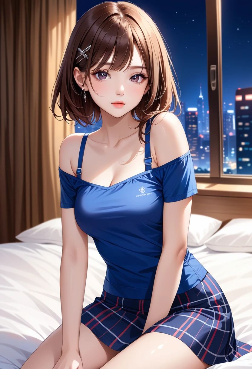 (Ultra-Detailed, Top Quality, High Resolution, Sharp Focus:1.4), (Craftsmanship Hyper-Realistic Photography:1.4), A pretty 20 year old tiptop supermodel woman in an off-shoulder t-shirt, bra straps, plaid flared skirt is Wariza on the bed in the hotel room at night, looking at the viewer. She has medium brown hair and a hair clip, smooth pale skin, dark eyes, a narrow nose, an open mouth, rosy cheeks, shiny lips, small breasts. Her face, body and even the texture of her hair are rendered in extreme detail. Background window with cityscape at night. Side view.