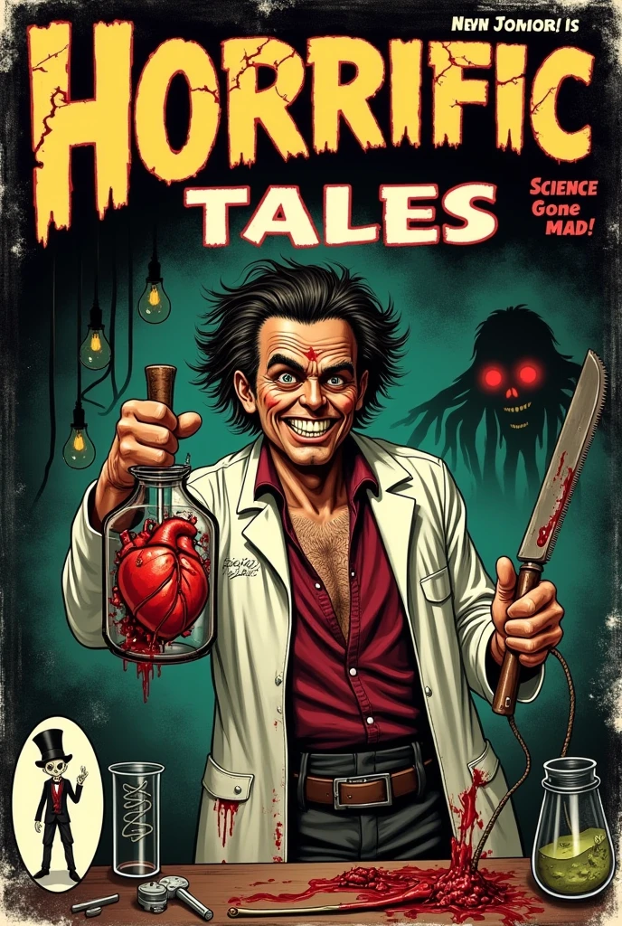 A comic book cover inspired by the 1940s horror comics tradition, capturing the eerie style of classic EC Comics with the addition of True Grit Texture Supply effects. The cover features a dark, moody color palette with deep, blood reds, sickly greens, and inky blues. At the center, a deranged doctor with wild, unruly hair and a wicked grin wears a torn, bloodstained lab coat. He holds a large jar containing a grotesque, pulsating human heart hooked to wires and tubes. In his other hand, he wields a rusted, bloodied surgical saw. The scene is set in an old, grimy laboratory littered with vintage medical tools, broken glass beakers, and flickering, exposed light bulbs hanging from frayed wires.

In the shadowed background, the silhouette of a monstrous figure lurks—a pair of glowing red eyes and long, skeletal fingers reaching out ominously. The comic title, "Horrific Tales," is displayed in large, distressed lettering that appears cracked and dripping, paired with a tagline reading, “Science Gone Mad!” A small, oval frame in the bottom corner shows a skeletal figure wearing a top hat and a tattered suit, grinning wickedly and pointing towards the reader.

To enhance the vintage and unsettling atmosphere, True Grit Texture Supply effects are used extensively: halftone dots create an authentic, retro print feel; grain and paper texture give the cover a tactile, worn quality; and distressed edges with faded ink mimic the look of an old, well-read comic. The overall style evokes a sense of horror, nostalgia, and the gritty imperfection of traditional print