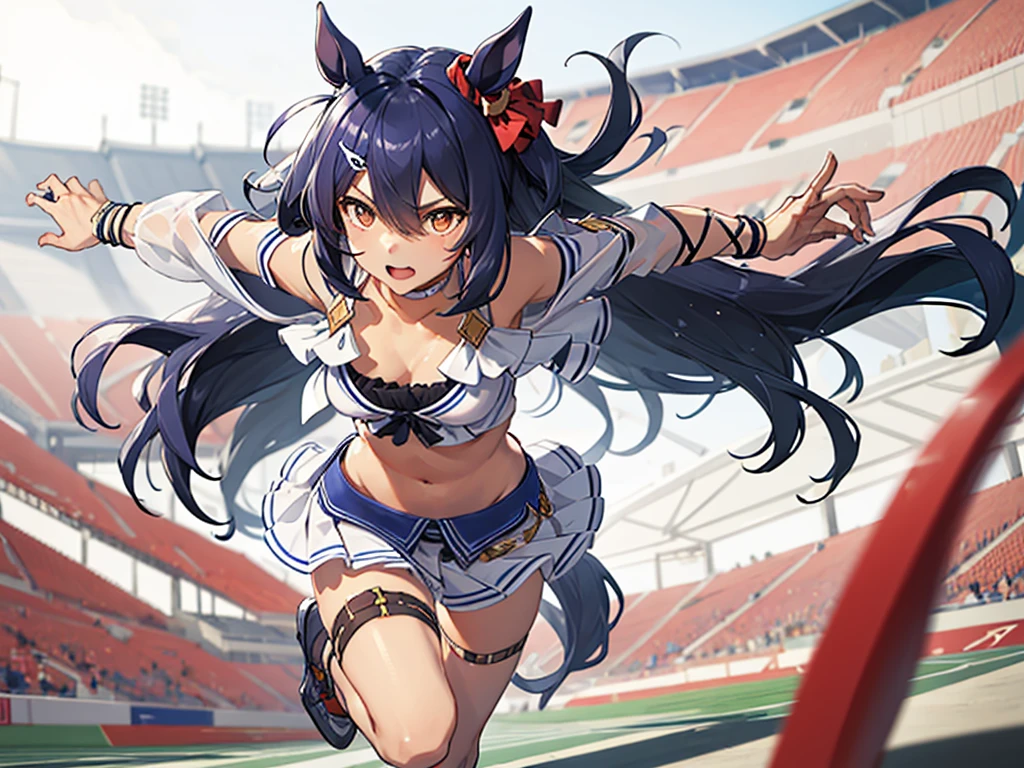  best quality ,  super high image quality ,   highest resolution ,  very detailed ,  very detailed な顔, One Girl, hishi amazon \(Horse Girl\), ,  crop top , Bandeau, White Choker, Single sleeve , Arm ribbon,  pleated skirt,  Thigh Straps ,  medium shot ,  running at full speed, Sprinter, Stadium