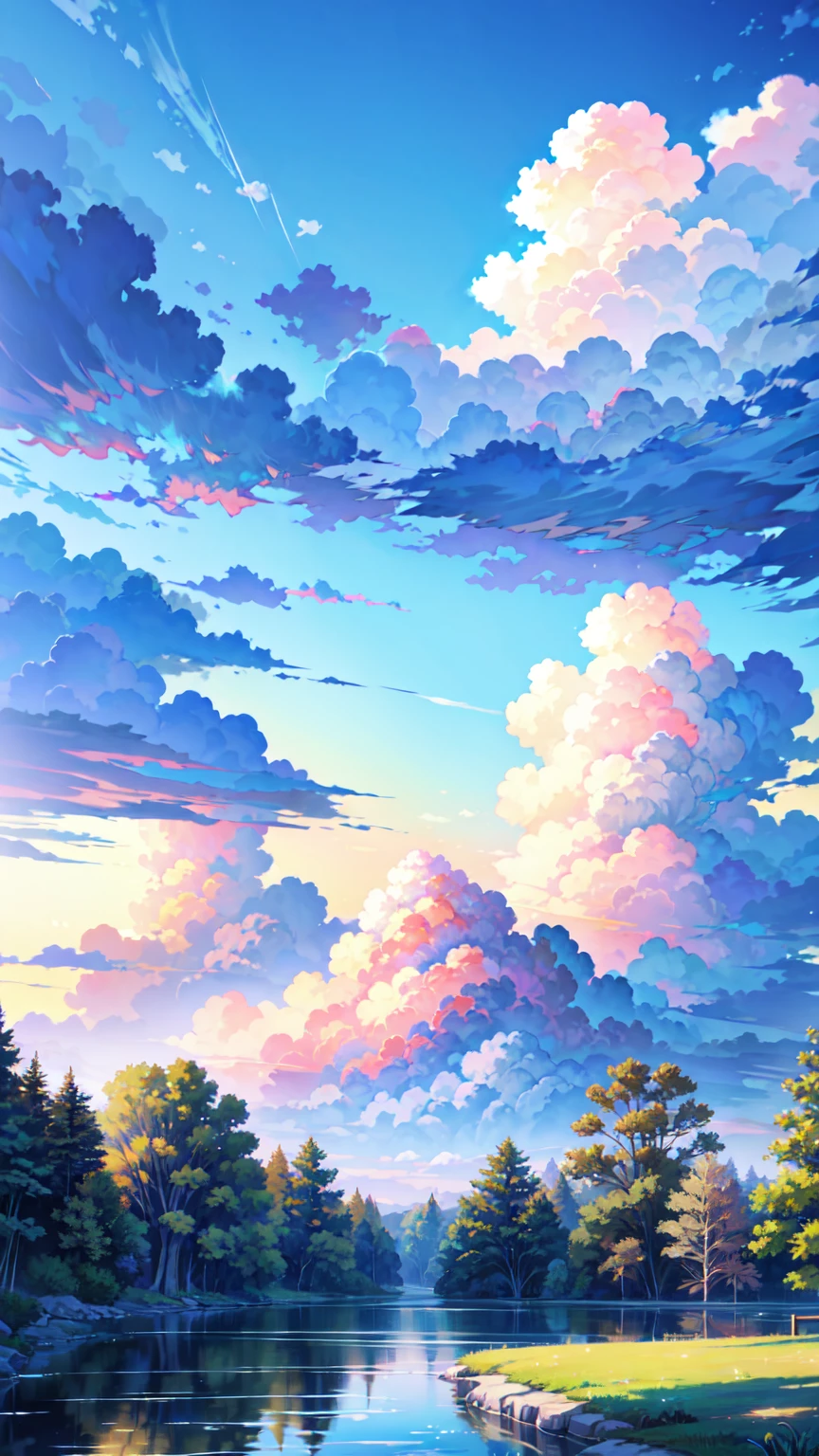 (magical pretty sky blue stream overlay scene), (sky), (clouds),   soft lighting , clean background, beautiful sky scenery,  masterpiece , High quality, beautiful graphics,  High level of detail , painted by Thomas Kincaid ,  Art station ,  sharp focus ,  inspirational 8k ,