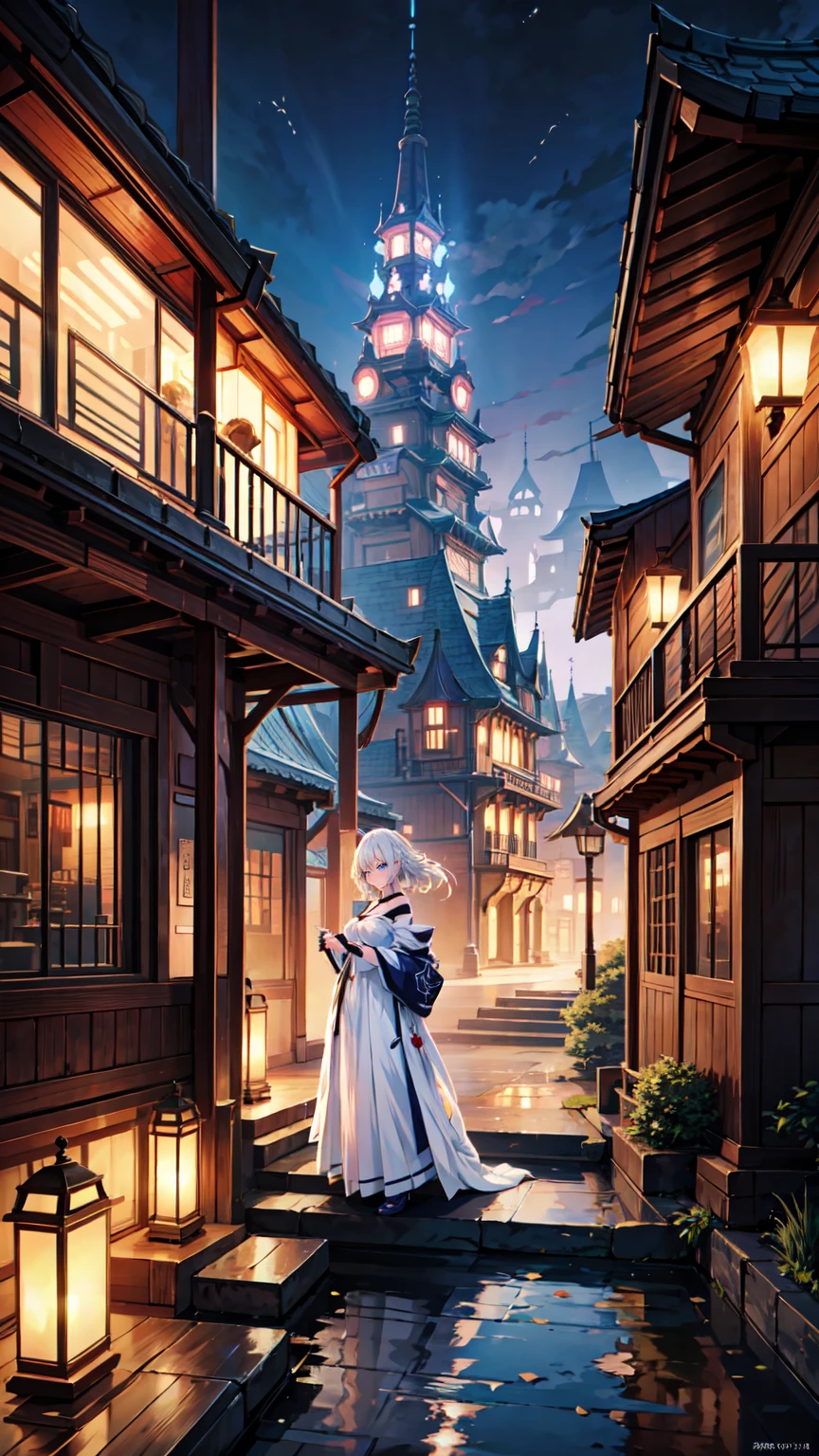 There is a woman in a white dress holding a music box,  in the style of Guweiz  ,  Guweiz on Pixiv Artstation , Guweiz on ArtStation Pixiv, guweiz, fantasy art style, Guweiz&#39;s masterpiece, Beautiful and elegant queen, beautiful character painting, Detailed anime digital art, Blonde princess,  white hair , sky blue eyes, pink lips