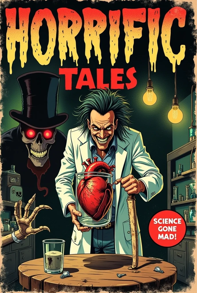 A comic book cover inspired by the 1940s horror comics tradition, capturing the eerie style of classic EC Comics with the addition of True Grit Texture Supply effects. The cover features a dark, moody color palette with deep, blood reds, sickly greens, and inky blues. At the center, a deranged doctor with wild, unruly hair and a wicked grin wears a torn, bloodstained lab coat. He holds a large jar containing a grotesque, pulsating human heart hooked to wires and tubes. In his other hand, he wields a rusted, bloodied surgical saw. The scene is set in an old, grimy laboratory littered with vintage medical tools, broken glass beakers, and flickering, exposed light bulbs hanging from frayed wires.

In the shadowed background, the silhouette of a monstrous figure lurks—a pair of glowing red eyes and long, skeletal fingers reaching out ominously. The comic title, "Horrific Tales," is displayed in large, distressed lettering that appears cracked and dripping, paired with a tagline reading, “Science Gone Mad!” A small, oval frame in the bottom corner shows a skeletal figure wearing a top hat and a tattered suit, grinning wickedly and pointing towards the reader.

To enhance the vintage and unsettling atmosphere, True Grit Texture Supply effects are used extensively: halftone dots create an authentic, retro print feel; grain and paper texture give the cover a tactile, worn quality; and distressed edges with faded ink mimic the look of an old, well-read comic. The overall style evokes a sense of horror, nostalgia, and the gritty imperfection of traditional print