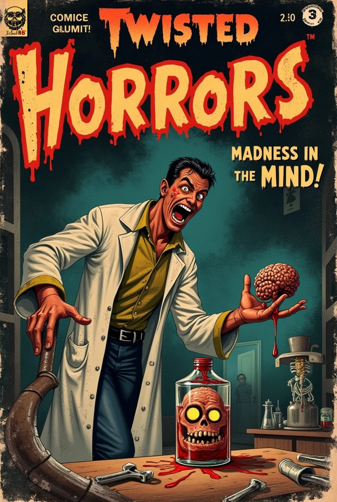 A comic book cover inspired by 1940s horror comics, evoking the eerie style of vintage EC Comics with True Grit Texture Supply effects. The design features a deranged alchemist in a decaying mansion laboratory, wearing a bloodstained, tattered lab coat. He holds a cracked jar with a pulsating brain and glowing eyes, and a rusted bone saw dripping with blood. The dimly lit room is filled with broken flasks, old surgical tools, and a smoky furnace. In the shadows, a skeletal creature with glowing eyes lurks ominously. The title, "Twisted Horrors," is displayed in jagged, bone-like lettering with a tagline, “Madness in the Mind!” True Grit effects add halftone dots, grain, and worn ink edges to mimic the feel of an old, weathered comic