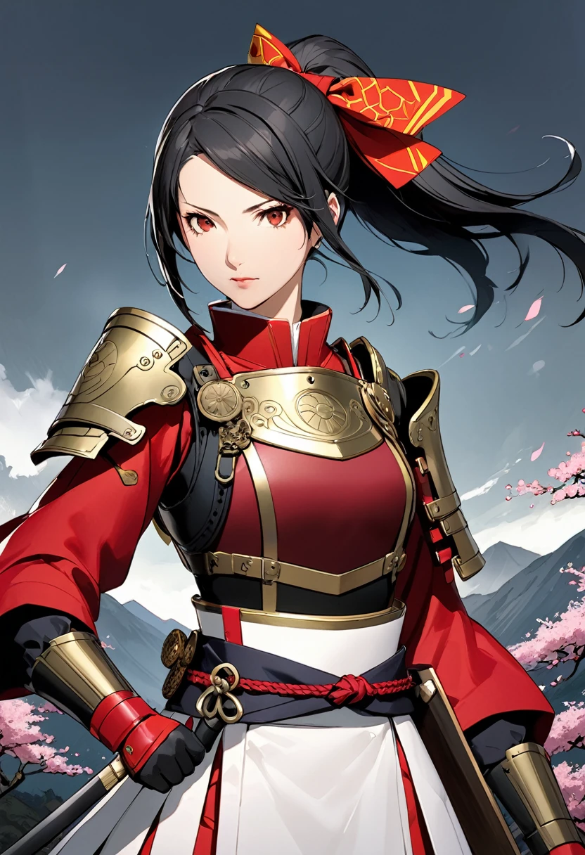 (masterpiece, best quality),Detailed illustration of Tomoe Gozen, a legendary female samurai from 1200s Japan, in a highly stylized game character design. She stands confidently in an epic pose with a long, flowing ponytail(black-hair) and traditional samurai armor, intricately designed with ornate patterns. Her armor combines elements of traditional Japanese armor with fantasy elements—her chest plate and shoulder guards are embellished with subtle dragon and wave motifs. She wields a long katana with a vibrant, razor-sharp blade, and a bow is strapped to her back, showing her skill in multiple weapons. Her face is fierce yet beautiful, with a focused and determined expression, while her stance exudes strength and elegance. Behind her, a misty mountain landscape fades into the background, with cherry blossoms subtly falling around her. The color palette is deep and rich, focusing on dark reds, blacks, and silver accents to give her a bold and heroic appearance.(Character design by shigenori Soejima,Characters that appear in the video game "Persona4"),(pose),