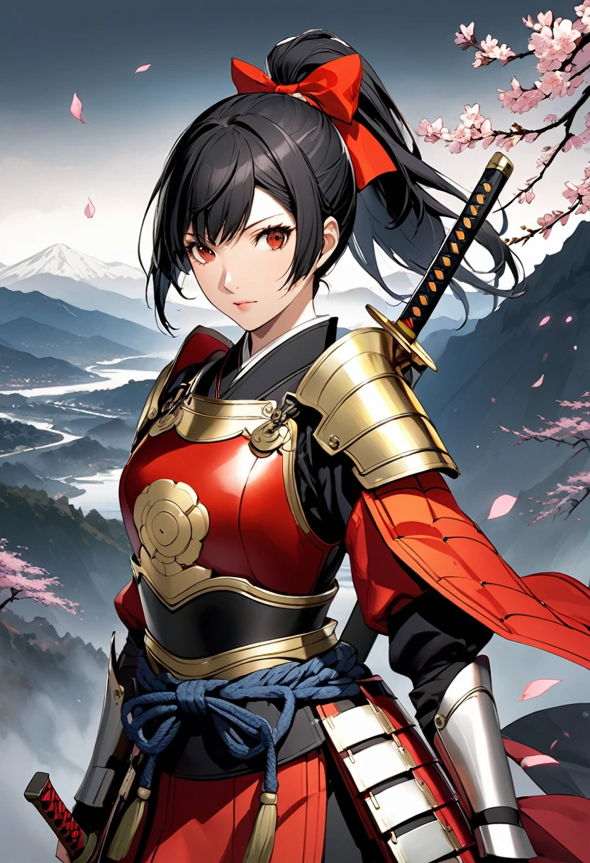 (masterpiece, best quality),Detailed illustration of Tomoe Gozen, a legendary female samurai from 1200s Japan, in a highly stylized game character design. She stands confidently in an epic pose with a long, flowing ponytail(black-hair) and traditional samurai armor, intricately designed with ornate patterns. Her armor combines elements of traditional Japanese armor with fantasy elements—her chest plate and shoulder guards are embellished with subtle dragon and wave motifs. She wields a long katana with a vibrant, razor-sharp blade, and a bow is strapped to her back, showing her skill in multiple weapons. Her face is fierce yet beautiful, with a focused and determined expression, while her stance exudes strength and elegance. Behind her, a misty mountain landscape fades into the background, with cherry blossoms subtly falling around her. The color palette is deep and rich, focusing on dark reds, blacks, and silver accents to give her a bold and heroic appearance.(Character design by shigenori Soejima,Characters that appear in the video game "Persona4"),(girl pose),