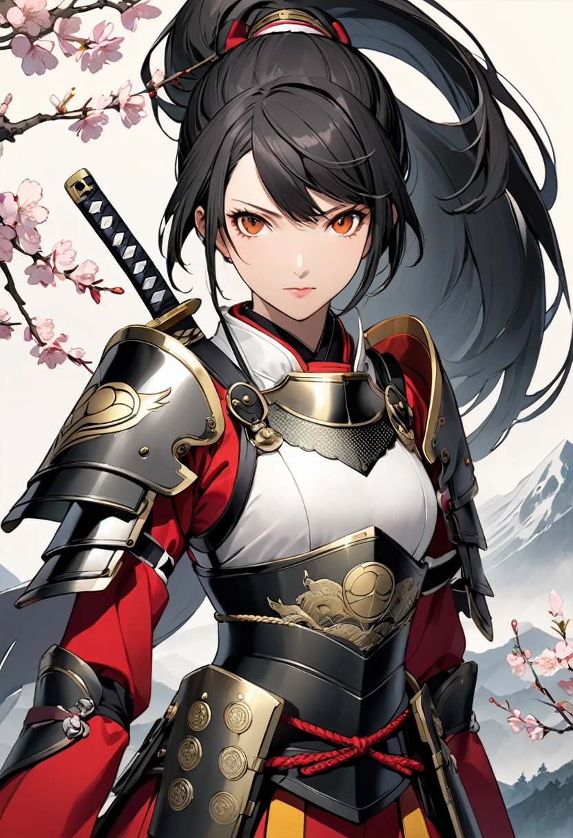 (masterpiece, best quality),Detailed illustration of Tomoe Gozen, a legendary female samurai from 1200s Japan, in a highly stylized game character design. She stands confidently in an epic pose with a long, flowing ponytail(black-hair) and traditional samurai armor, intricately designed with ornate patterns. Her armor combines elements of traditional Japanese armor with fantasy elements—her chest plate and shoulder guards are embellished with subtle dragon and wave motifs. She wields a long katana with a vibrant, razor-sharp blade, and a bow is strapped to her back, showing her skill in multiple weapons. Her face is fierce yet beautiful, with a focused and determined expression, while her stance exudes strength and elegance. Behind her, a misty mountain landscape fades into the background, with cherry blossoms subtly falling around her. The color palette is deep and rich, focusing on dark reds, blacks, and silver accents to give her a bold and heroic appearance.(Character design by shigenori Soejima,Characters that appear in the video game "Persona4"),(slash pose),