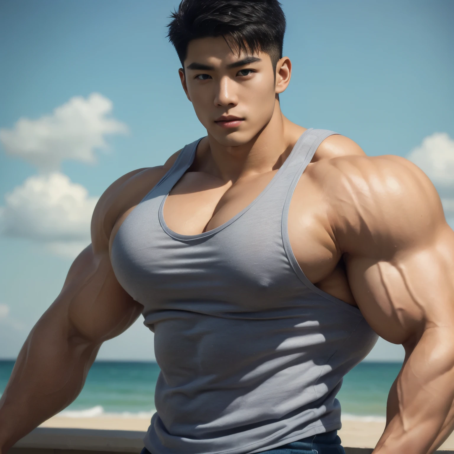 (a handsome Asian boy wearing a tank top, his huge pecs are bulging out underneath his tank top), 1boy, beautiful, asian male, ripped, aesthetic, model face, shy, young, youthful, high quality, photorealistic