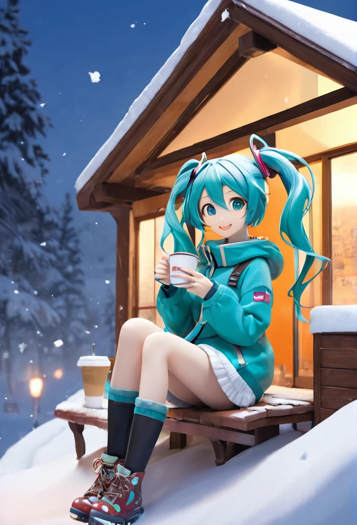 snow shelter:2, 1girl, sitting, enjoy coffe,smile,  ,((high quality,beautiful,best quality, masterpiece,)), Hatsune Miku,