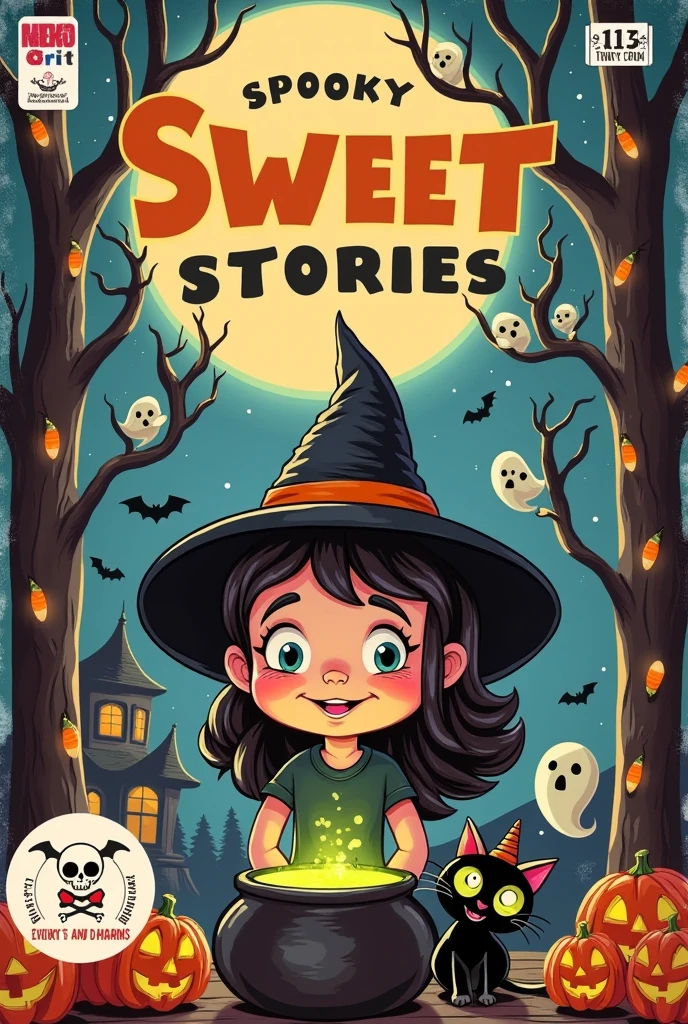 A comic book cover inspired by 1940s horror comics, blending a creepy yet cute Halloween theme, with True Grit Texture Supply effects. The cover features a soft, whimsical color palette of pastel oranges, purples, and midnight blues, evoking a nostalgic, spooky-cute vibe. At the center stands a mischievous young witch with wide, twinkling eyes, wearing an oversized hat that droops at the edges. She’s accompanied by an adorably creepy, smiling black cat with a small witch’s hat, sitting beside a bubbling cauldron filled with glowing green potion.

The scene is set in a moonlit pumpkin patch surrounded by twisted trees, each decorated with cute yet spooky carved pumpkins. Floating, giggling ghosts peek out from behind the trees, and tiny bats with big, round eyes flutter overhead. The background shows a quaint, slightly crooked witch’s cottage with candy corn-shaped lights strung along the roof, adding to the festive yet eerie atmosphere.

The title, “Spooky Sweet Stories,” is displayed in whimsical, curly lettering with candy-like accents, and the tagline reads, “Chills and Charms!” In the lower corner, a circular frame features a tiny skeleton wearing a bow tie and grinning playfully, holding a lollipop.

True Grit Texture Supply effects add halftone dots and grainy textures for a vintage comic look, with slightly faded ink and distressed edges that capture the feel of an old, well-loved comic book. The overall style combines spooky and cute elements for a charmingly eerie Halloween cover that evokes nostalgia with a touch of warmth.