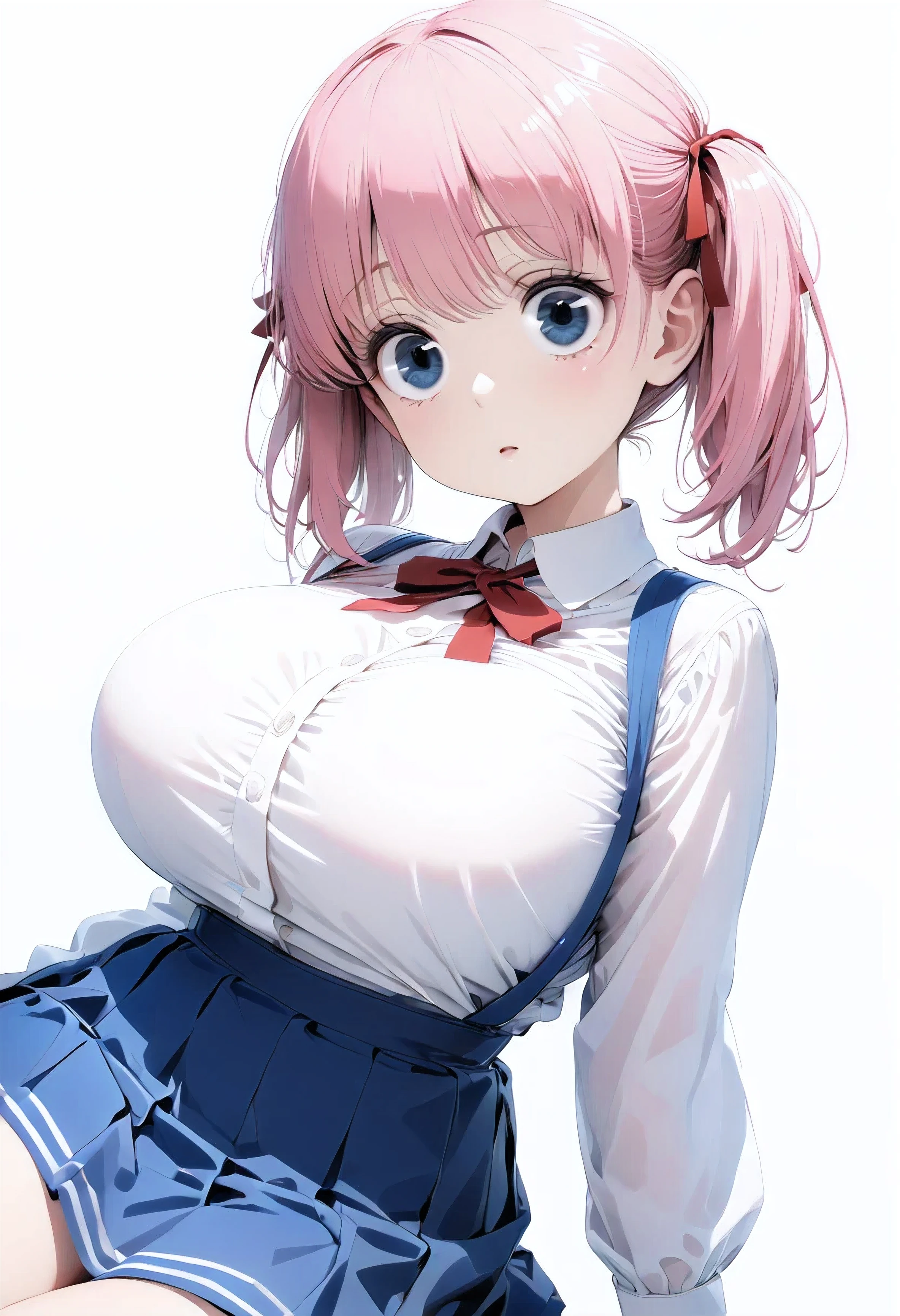 8k, best quality, masterpiece, clear, professional lighting, beautiful face, best quality, ultra high res, super detail, accurate, high details, highres,,1 person,ementary school students:1.4),  white blouse, blue suspender skirt,(Big Eyes,Baby Face,Young face:1.3),Light blue eyes,red chest ribbon,(  snap bangs,  short pigtails in a low position, Pink Hair:1.2),  very big breasts, Big Breasts, Busty,  cowboy shot 