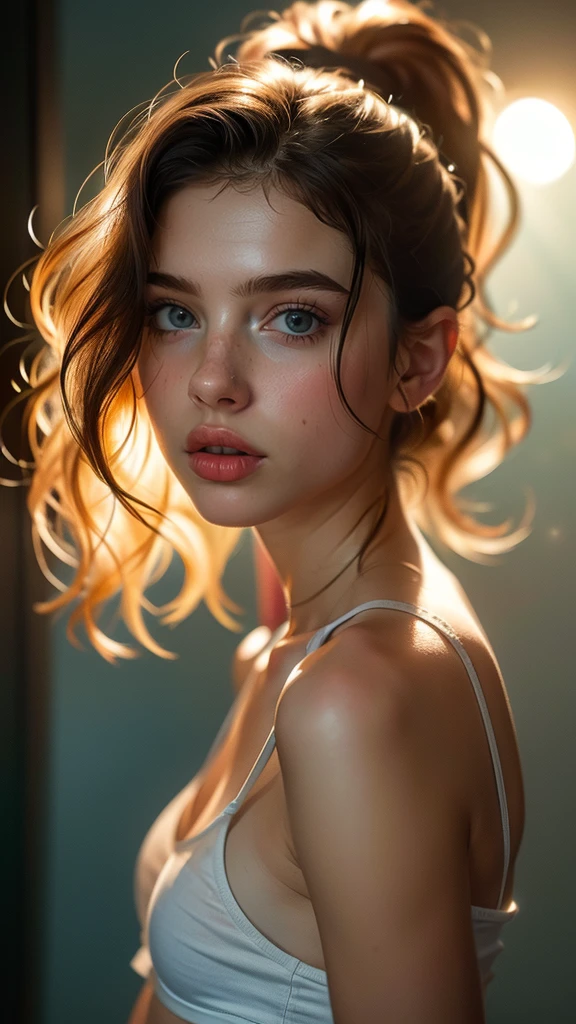 (((ultra realistic))) Photo, masterpiece, top quality, (pale skin), (Ultra detailed face and eyes:1.3), 1 girl, Adult, in a T-shirt, (Eye makeup, mascara) , ((large detailed lips)), ((ash wavy hair)), ((Chyolka)) , (Natural medium breasts), Slim waist. ((Posing)), photoshoot, studio (soft lighting), (The play of light and shadows), depth of field, bokeh, (special attention to skin detail: 1.2), Detailed leather texture, skin pores. (Airy atmosphere of the frame. Color range - delicate, Bright, white, Pink tones), UDR, ((Film grain)), ((rays)), ((glare of the sun)), ((waist up portrait, close to the camera)) , ultra detialed,