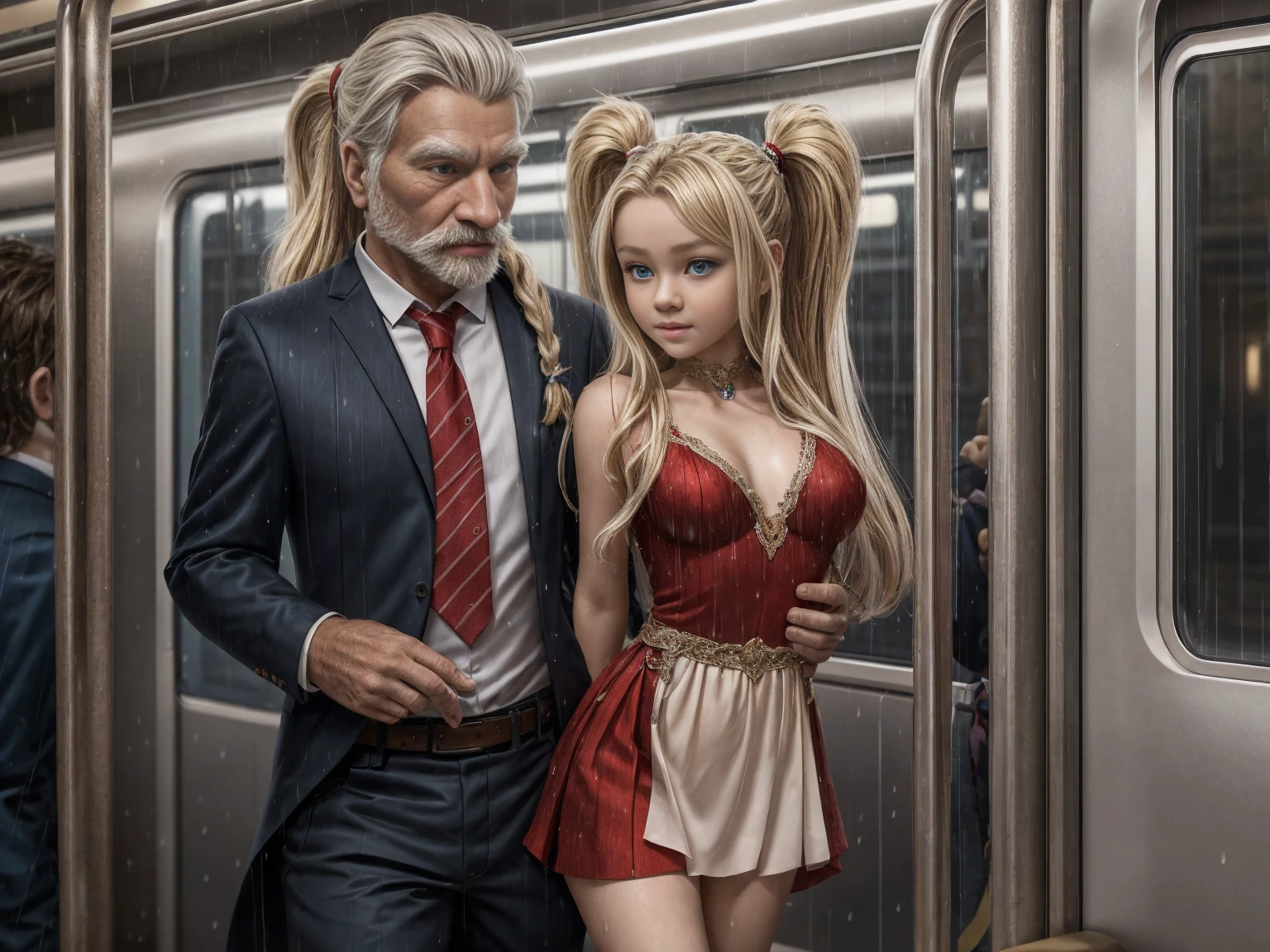 beautiful little six years old Russian girl and older man, long blonde wavy hair, pigtails, baby face, tiny tight red dress, mini dress, a white belt, nice breasts, tiny white top, nice sexy legs, big blue eyes, big breasts, very thin, nice navel, standing at the train, it is raining, baby face, having sex on the train with an older man, hugging her.