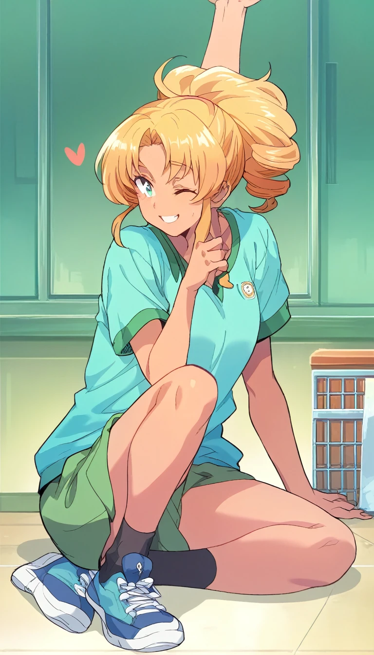 A girl of normal height,   tanned girl dressed as a student,  Wearing a ponytail,  smiling, orange curly hair ,  big ass and big boobs, Sitting in the school corridor . ,stretching 