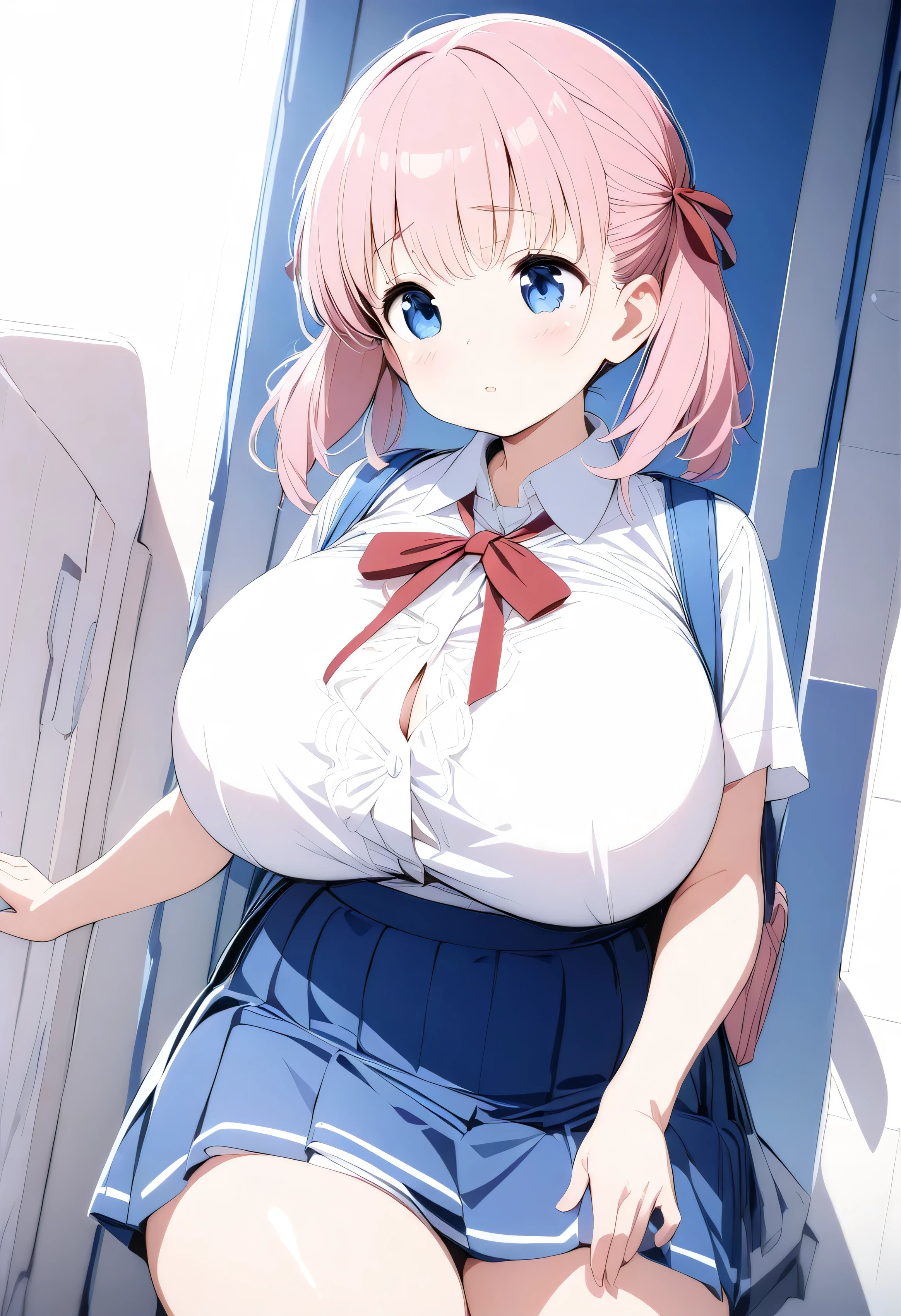 8k, best quality, masterpiece, clear, professional lighting, beautiful face, best quality, ultra high res, super detail, accurate, high details, highres,,1 person,l body, Small limbs,loli:1.4),  white blouse,  blue suspender skirt, red chest ribbon , (Cute eyes,,Innocent expression,Young face, Light blue eyes), (  snap bangs, short pigtails below the ears , Pink Hair),  very big breasts, Big Breasts, Busty, plump thighs,School