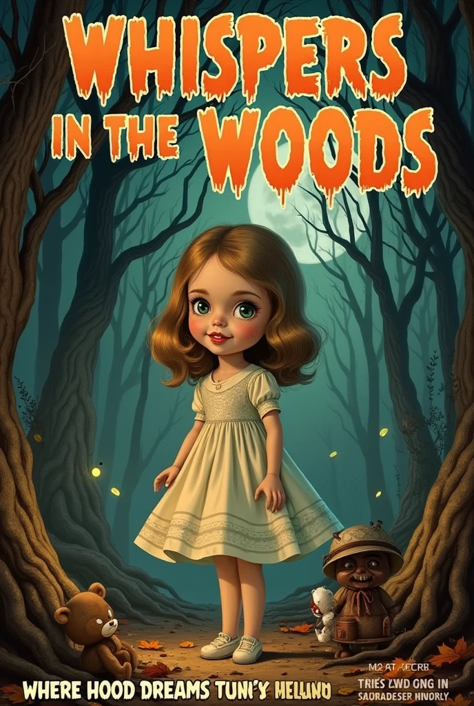 A comic book cover inspired by the 1940s horror comics, blending realistic yet subtly eerie Halloween elements. The cover features a dimly lit, misty autumn forest with deep, earthy tones—muted oranges, soft grays, and dark greens. At the center stands a life-sized porcelain doll in an old-fashioned, delicate lace dress. The doll has large, glassy eyes and slightly cracked porcelain skin, giving it a sense of realism and an unsettling presence. Despite its creepiness, there’s an innocence to its delicate features and small, faint smile.

The scene is set in a secluded part of the forest, where tall trees with twisting branches surround a patch of fallen leaves and old, gnarled roots. On the ground near the doll are small, faded ren’s toys: a vintage teddy bear with one eye missing, and a tiny rusted tea set partially buried in the leaves. There are carved pumpkins with glowing, soft yellow candlelight inside, their faces slightly melancholy and reflective of the autumn air.

The moonlight filters through the branches, casting a gentle, ethereal glow on the doll, making the porcelain shine with a lifelike quality. In the shadows, a pair of subtle glowing eyes hints at a hidden presence, blending both mystery and a sense of being watched. The title, “Whispers in the Woods,” is in elegant, vintage serif lettering, slightly eroded and blending with the background. A tagline below reads, “Where hood Dreams Turn Chilling.”

True Grit Texture Supply effects are used to enhance realism while maintaining a vintage feel: delicate grain and paper texture create a tactile, aged look, while gentle halftone shading softens the light. The colors are natural yet slightly desaturated, with distressed edges to evoke the feeling of an old photograph or worn storybook. The overall aesthetic balances a creepy realism with a nostalgic, almost dreamlike atmosphere, making it both eerie and strangely comforting.