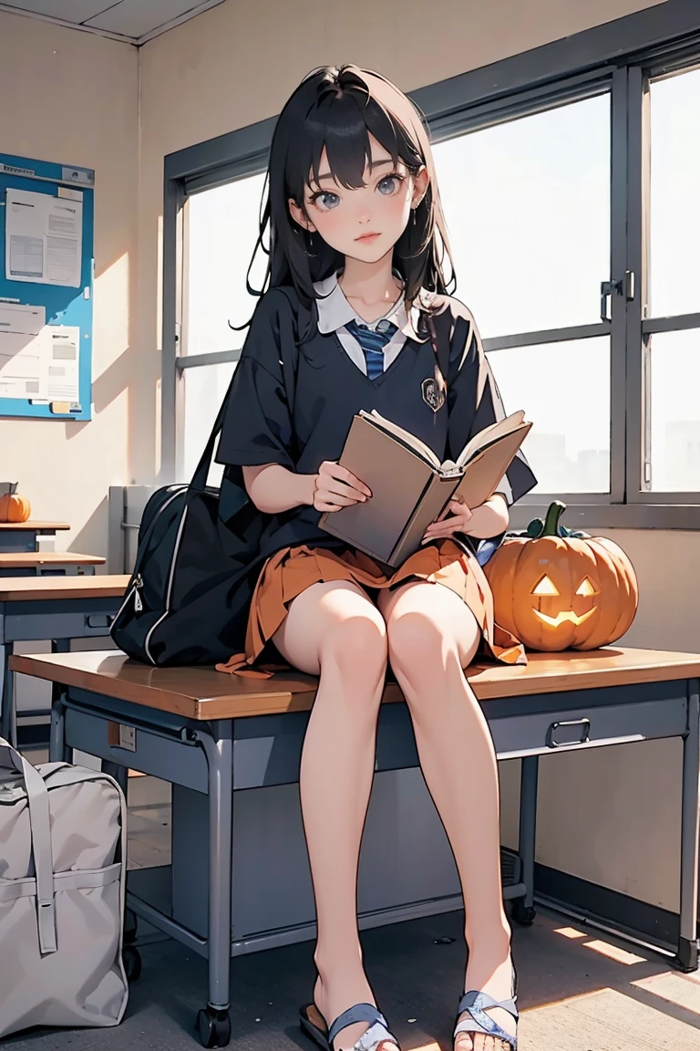 pumpkin lanterns, own, a short person sitting in chair reading book at school with flip flops on, 1girl, classroom, desk, bag, indoors, school uniform