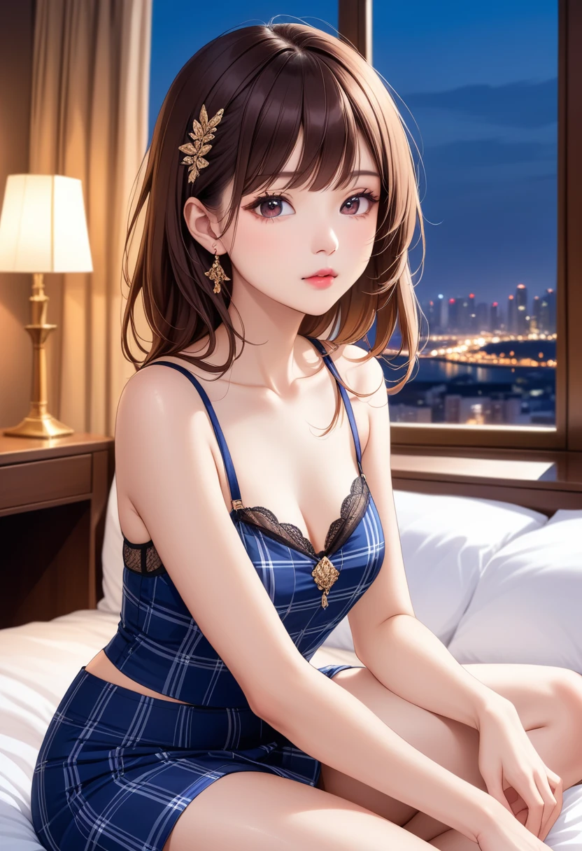 (Ultra-Detailed, Top Quality, High Resolution, Sharp Focus:1.4), (Craftsmanship Hyper-Realistic Photography:1.4), A pretty 20 year old tiptop supermodel woman in an off-shoulder t-shirt, bra straps, plaid flared skirt is sitting on the bed in the hotel room at night, a horny atmosphere, looking at the viewer. She has medium brown hair and a hair clip, smooth pale skin, dark eyes, narrow nose, open mouth, rosy cheeks, shiny lips, small breasts. Her face, body and even the texture of her hair are rendered in extreme detail. Background window with cityscape at night, (intricate background:1.1). Side view.