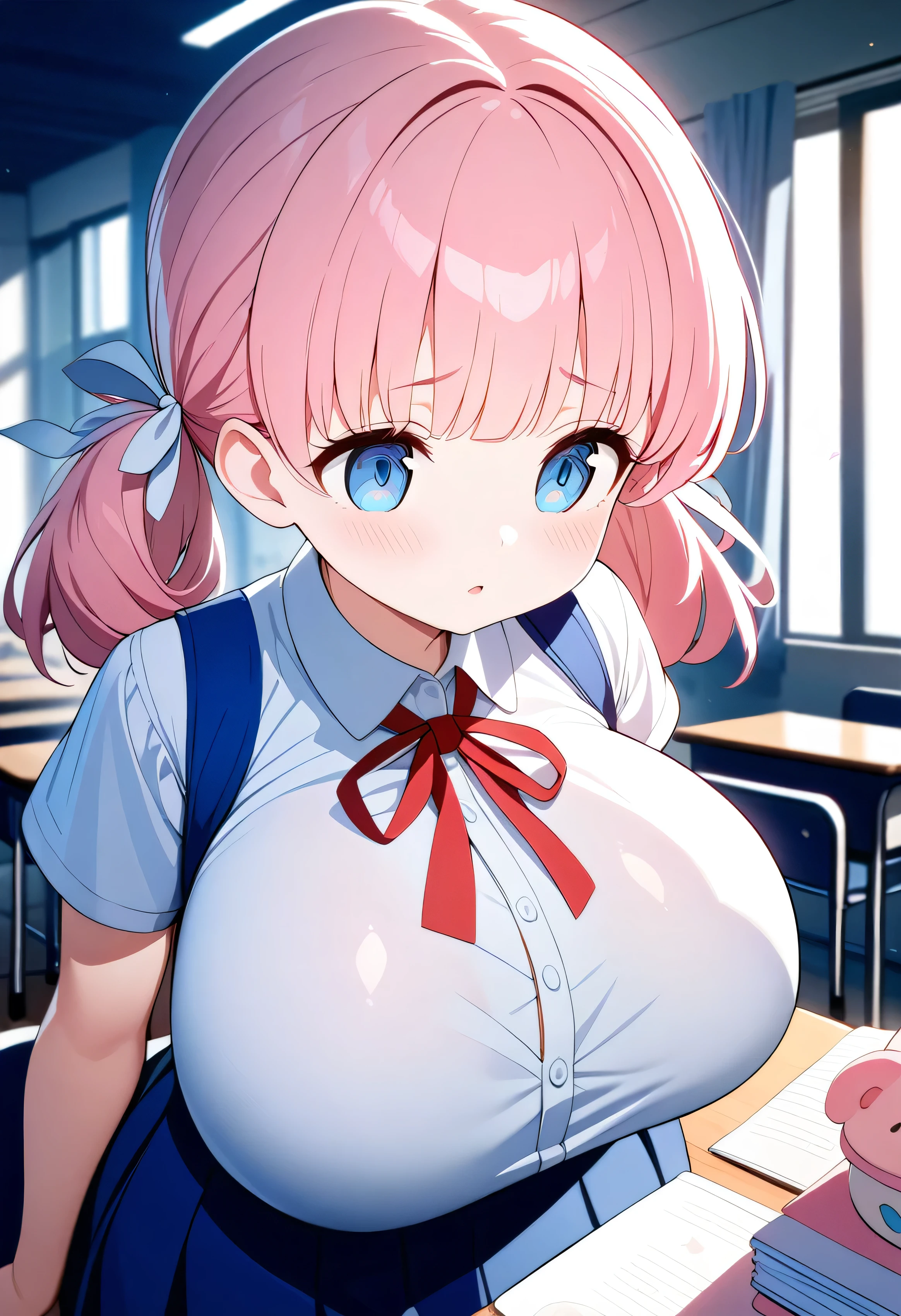 8k, best quality, masterpiece, clear, professional lighting, beautiful face, best quality, ultra high res, super detail, accurate, high details, highres,,1 person,l body, Small limbs,****:1.4),  white blouse,  blue suspender skirt, red chest ribbon , (Cute eyes,Baby Face,Innocent expression,Young face, Light blue eyes), (  snap bangs, short pigtails below the ears , Pink Hair, white hair ribbon ),  very big breasts, Big Breasts, Busty, plump thighs,School