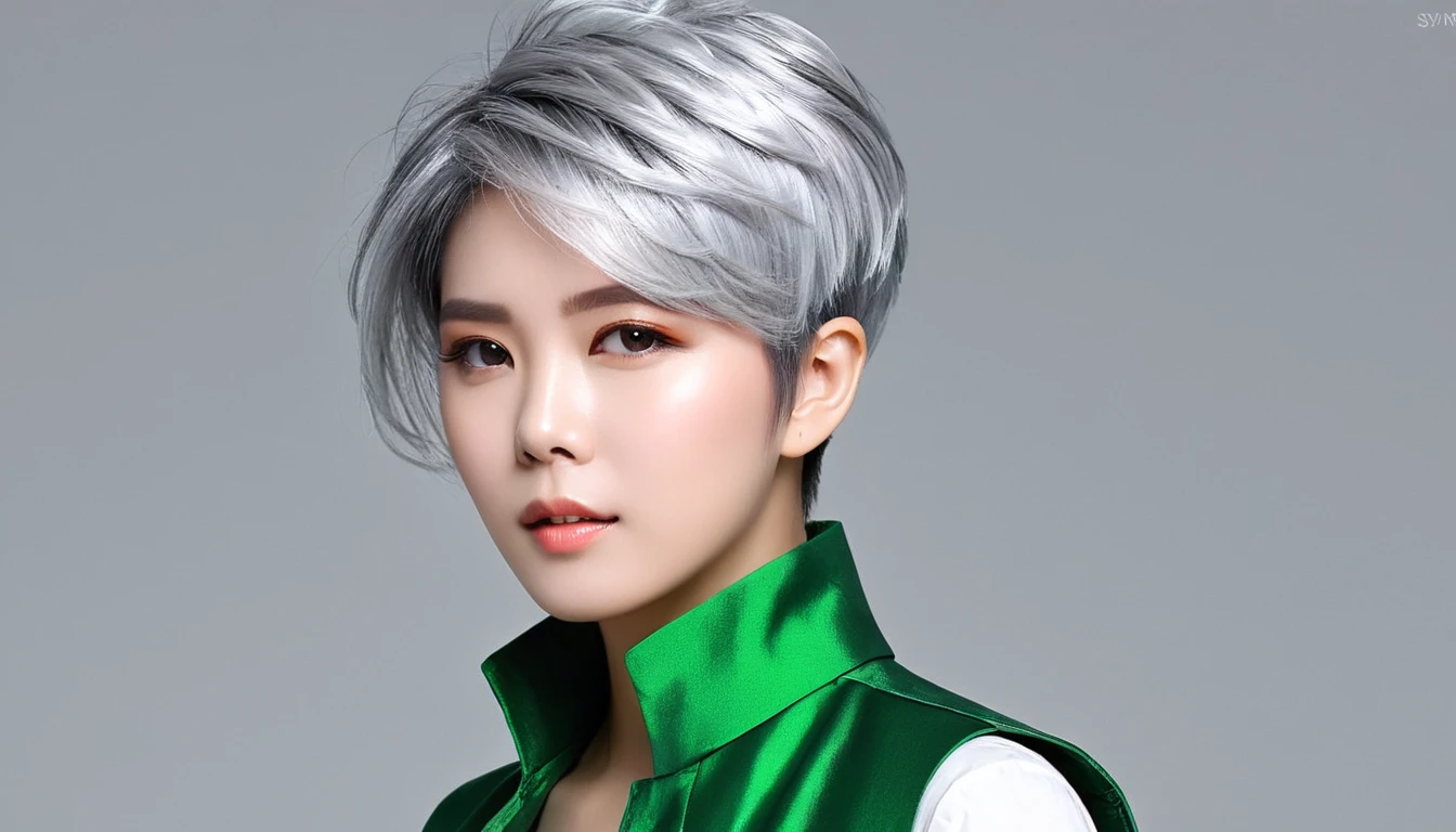 arafed woman with a short haircut and a green vest, digital art inspired by Yanjun Cheng, trending on cg society, digital art, girl silver hair, wearing silver hair, silver hair girl, silver hair, short silver hair, short hair on sides of head, short grey hair, gray hair, grey hair, yee chong silverfox, pixie undercut hairstyle