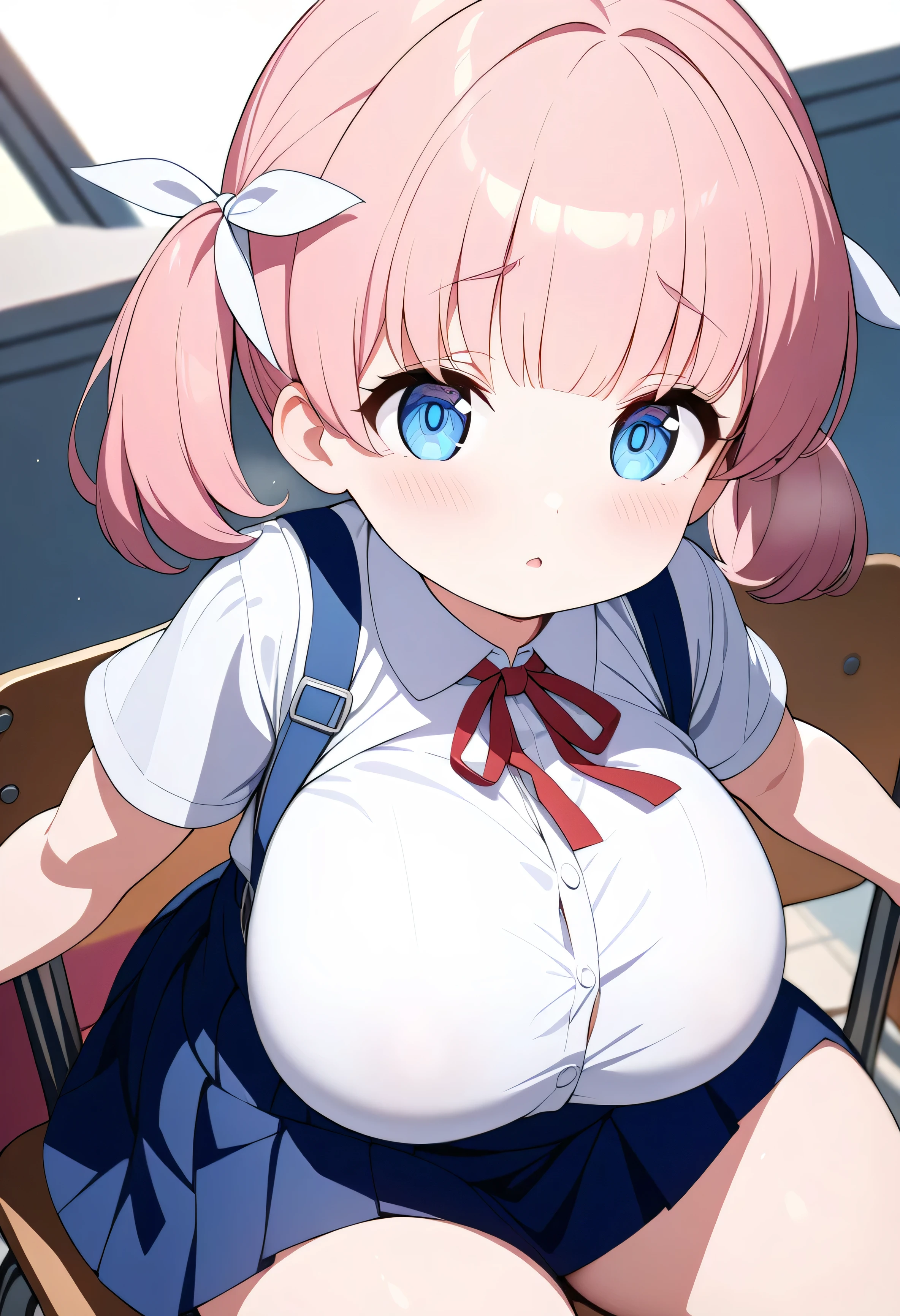 8k, best quality, masterpiece, clear, professional lighting, beautiful face, best quality, ultra high res, super detail, accurate, high details, highres,,1 person,l body, Small limbs,li:1.4),  white blouse,  blue suspender skirt, red chest ribbon , (Cute eyes,Bannocent expression,Young face, Light blue eyes), (  snap bangs, short pigtails below the ears , Pink Hair, white hair ribbon ),  very big breasts, Big Breasts, Busty, plump thighs,School