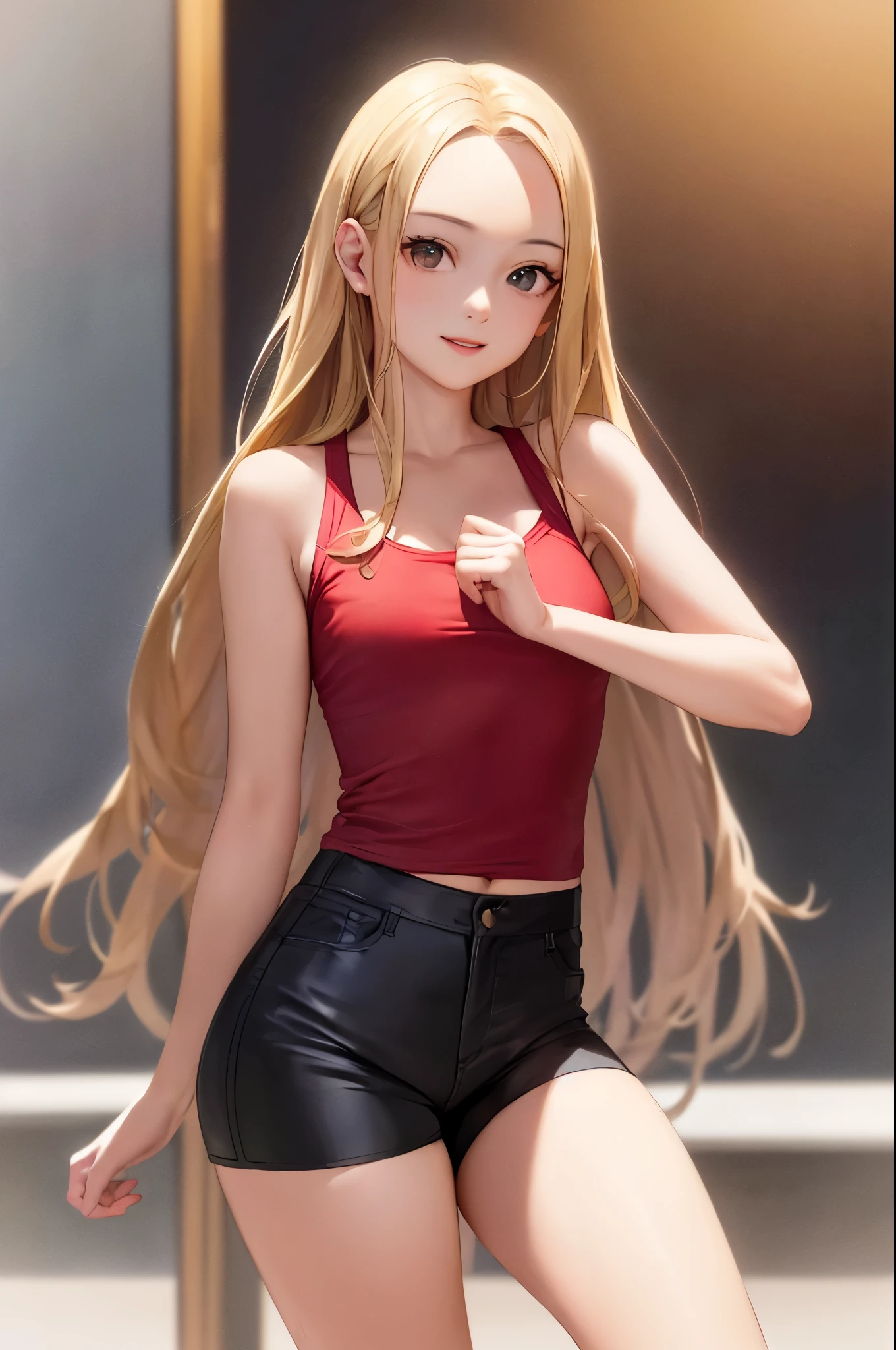 (Best Quality、8k、32K、masterpiece)、(Realistic)、( photorealistic:1.2)、( Kampala)、Super detailed、 very beautiful faces and eyes 、Frame In、 1 girl、Round and small face、 Thin Waist、Delicate body、(close、Best Quality、 high detail、 rich skin details)、(Best Quality、8k、Oil paints:1.2)、Super detailed、(Realistic、Realistic:1.37)、 bright color、(((Blonde)))、((( cowboy shot)))、(((Long Hair)))、(((Straight hair)))、((( White wall background )))、(((Golden Hair)))、((( I'm putting my hands on my cheeks )))、((( I'm wearing a red tank top )))、(((Slim model)))、((( I'm wearing a red and black tank top)))、((( between your bust)))、(((Long Hair)))、(((Frame In)))、(((Fair skin)))、(((Smiling)))、(((Rin々A funny expression)))、(((I can see my forehead )))、((( I'm wearing black hot pants )))、(((Frame In)))、Blonde、One length、Red clothes、 slender