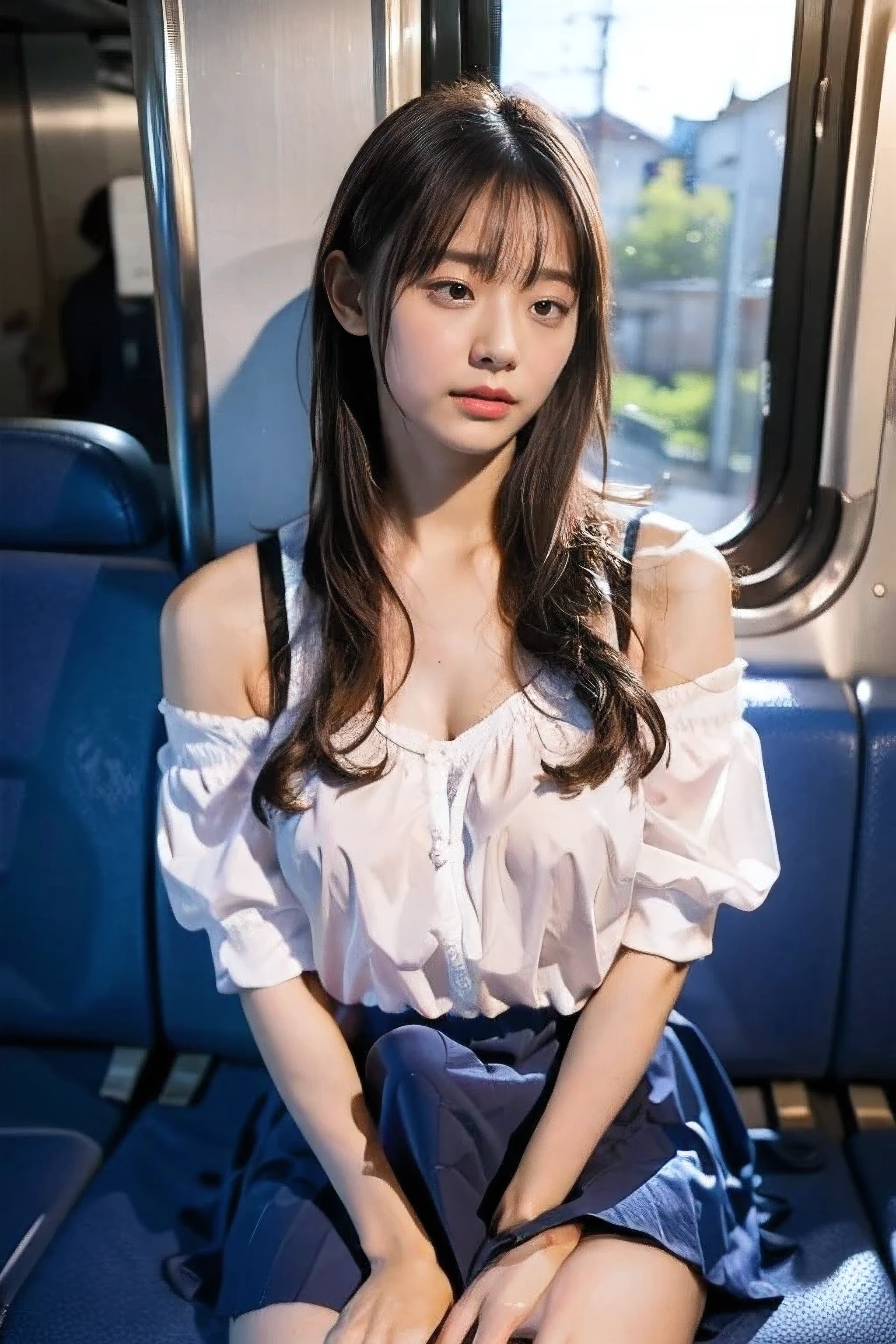 (Realistic:1.3), Shadowy Face, Perfect Great Sentence , school uniform close to target, Beautiful detailed pictures , amazing art,((( very detailed ))), One girl sitting,bangs, 18 year old girl,sleep,Close your eyes, White Panties ,skirt, cowboy shot,From before ,((( very detailed ))), in the train , a young woman is sleep contentedly. Through the gap between her legs and skirt, panties in a Japanese house . As the car rocks, A quiet expression and gentle breathing create a 、 create a calm atmosphere. ,((( very detailed ))), (Erection under clothes), Sexy lips, whole body, erection,