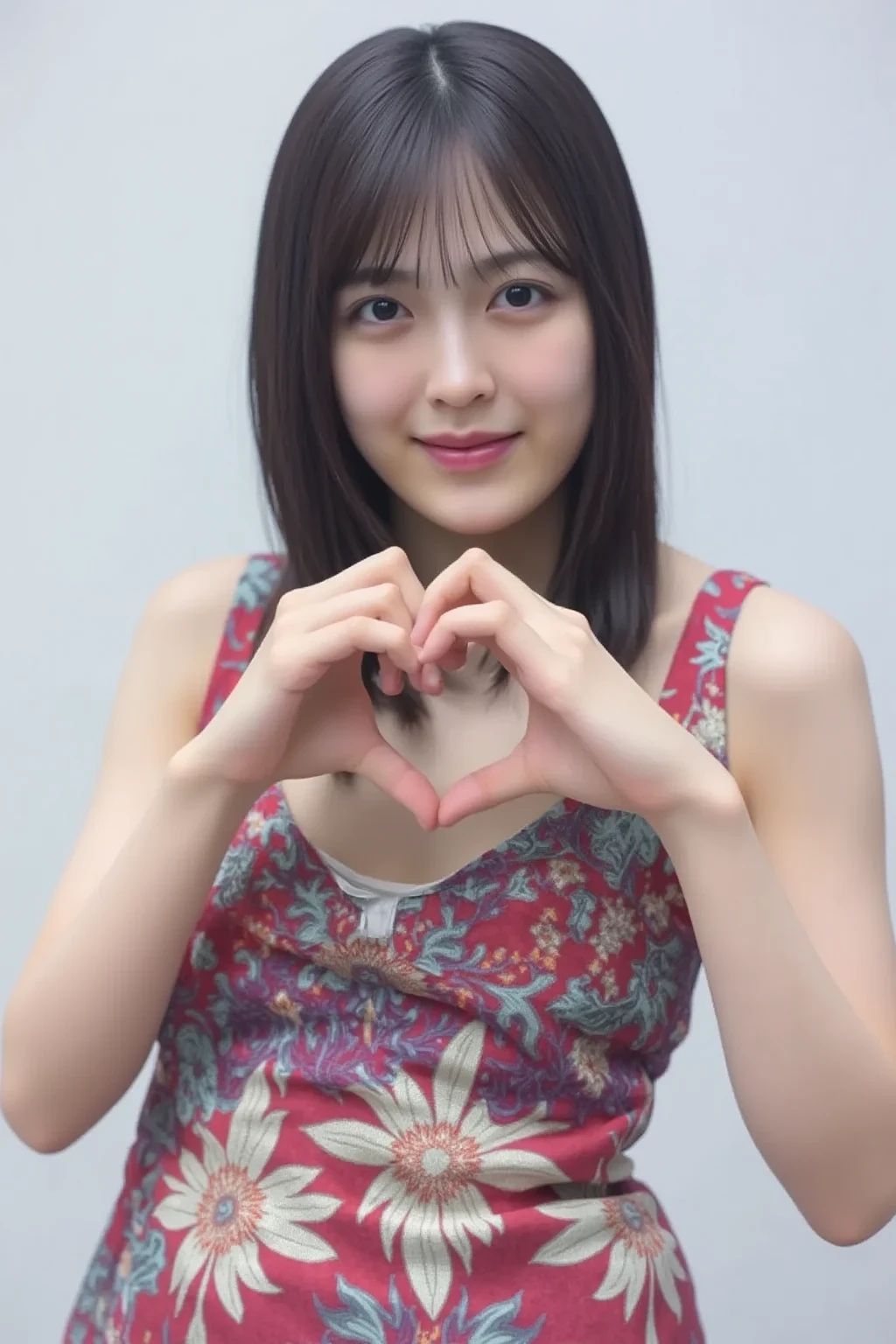 She is in a pose wearing a sexy bikini swimsuit, making a firm big heart shape with both hands and holding it in front of her chest, smile

