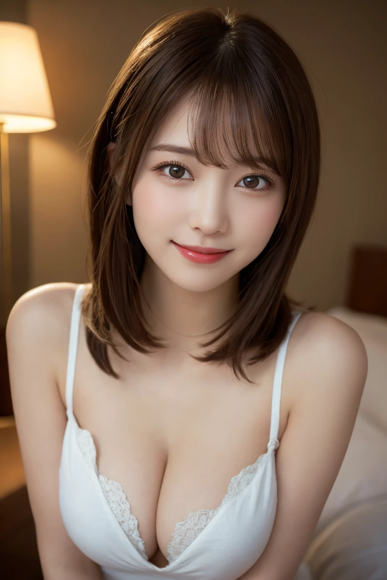 Highest quality, (beautiful)、well-shaped nipples、Pull down your camisole until your nipples are visible、Soft oist eyes、night、Sit on the sofa、Larger breasts、Upper Body、smile、Shoot from above、Hostess