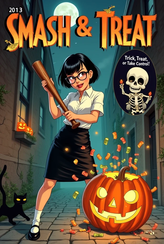 A comic book cover inspired by 1940s horror comics, featuring a realistic, eerie-yet-charming Halloween theme with True Grit Texture Supply effects. The scene focuses on an Asian woman with short, jet-black hair in a neat bob cut, wearing round glasses with a slight glare reflecting the moonlight. She is dressed in a crisp white blouse and a fitted black pencil skirt, exuding a professional but intense vibe. In her hands, she holds a cracked, weathered baseball bat, caught mid-swing as she smashes a large jack-o’-lantern.

The jack-o’-lantern shatters open at the impact, and instead of revealing something horrific, it bursts with a shower of colorful Halloween candy—wrapped caramels, lollipops, candy corn, and chocolates spilling onto the ground. The woman’s expression is determined yet amused, with a hint of a smirk on her face as she revels in the unexpected chaos.

The background is a dimly lit urban alleyway, with crumbling brick walls and overgrown vines. Faint moonlight casts long shadows, and scattered leaves blow across the cobblestone ground. Near the broken pumpkin, there are hints of eerie details like a black cat’s tail disappearing around a corner, and faintly glowing jack-o’-lanterns peeking out of nearby windows. 

The title, “Smash & Treat,” is styled in elegant yet bold lettering with slightly distressed edges, and a tagline below reads, “Trick, Treat, or Take Control!” A small circular frame in the corner features a tiny skeleton with a playful grin, wearing a bow tie and holding a piece of candy.

True Grit Texture Supply effects give the cover an aged, vintage feel: subtle halftone patterns add texture to the shadows, while grain and paper textures evoke the look of old comic pages. The cover combines realism with gritty imperfections, balancing eerie elements with a touch of charm and nostalgia.