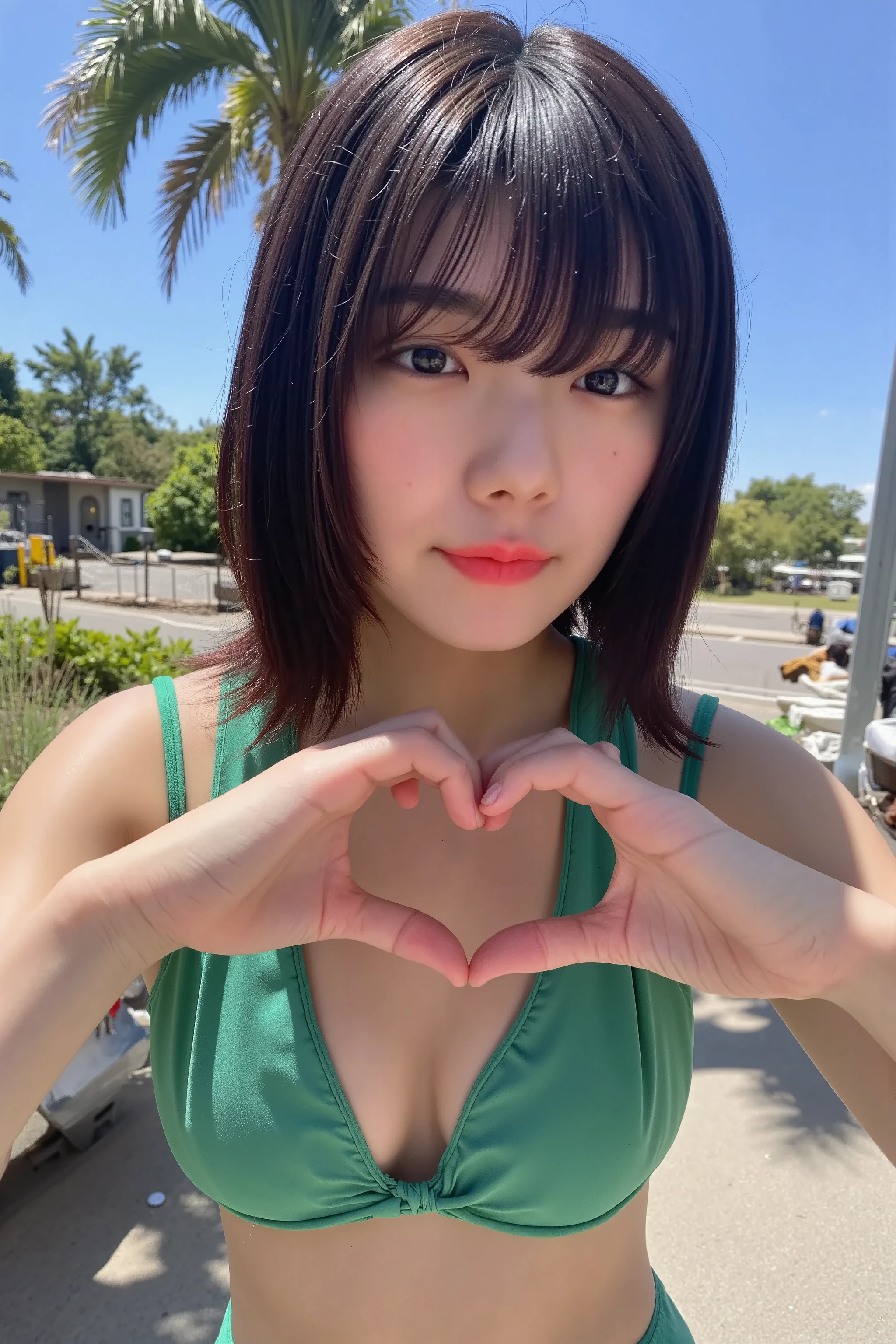 She is in a pose wearing a sexy bikini swimsuit, making a firm big heart shape with both hands and holding it in front of her chest

