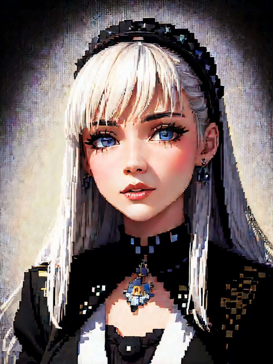 （best quality，4K，masterpiece：1.2），ultra detailed，Create a three-dimensional pixelated portrait in black&white，pixel art，in style of Hippie fashion design, portrait, beautiful detailed，beautiful european woman，Australian artist Gil Bruve，black and white