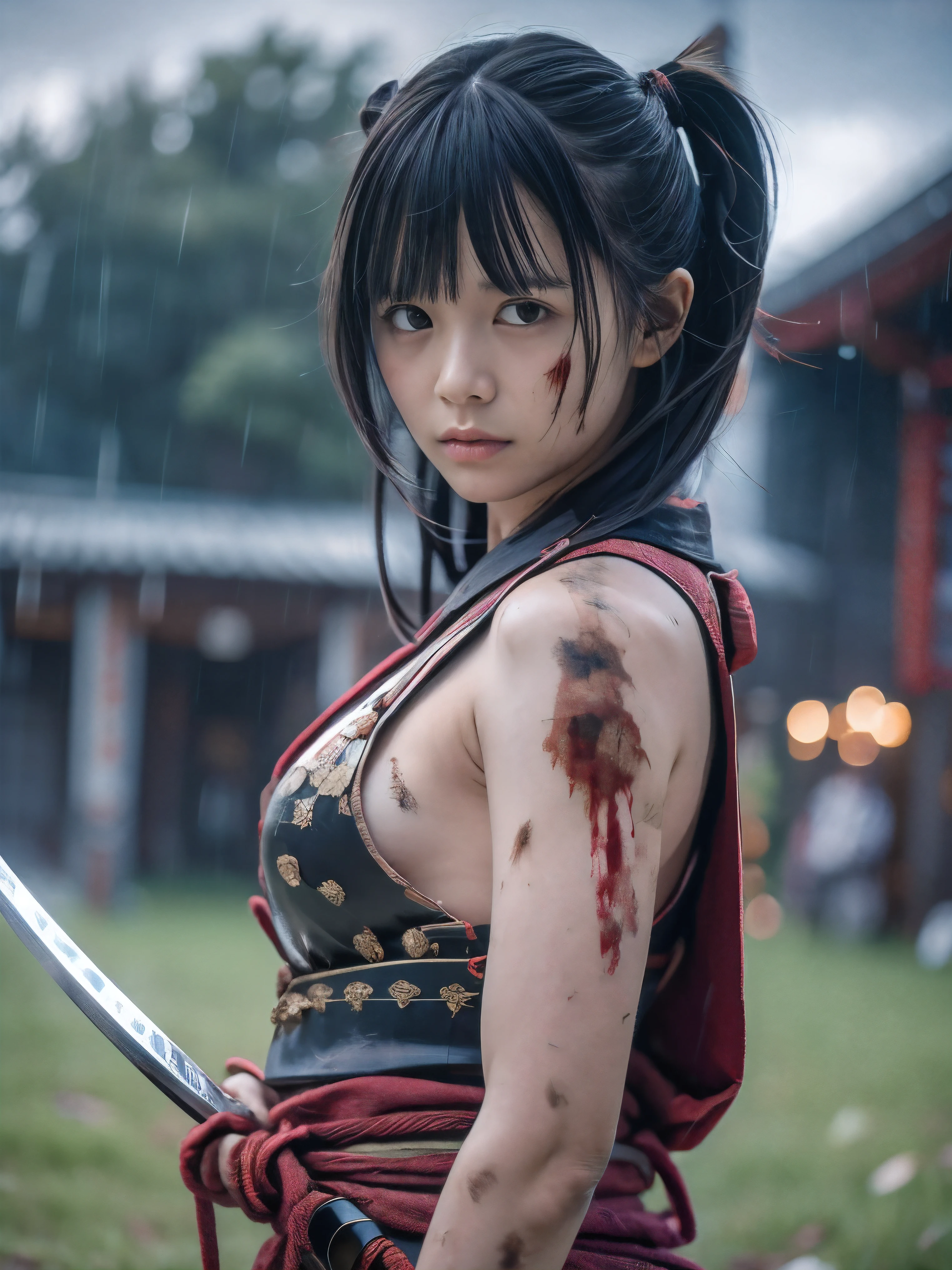 (Close up portrait of one slender small breasts two side up black medium hair with bangs girl in a black colored dirty bloody armor warrior as samurai in Japan at raining:1.5)、(One girl hold Japanese traditional white blade sword on hand under the raining sky on the grassland in old Japan with crying dirty bloody face:1.5)、(Heavy raining dark sky:1.5)、(blurred background:1.5)、(Natural light:1.5)、(8k ultra detailed master piece:1.5)、(perfect anatomy:1.5)、(Photorealistic stick:1.5)、(Raw photo:1.3)、(highest quality:1.5)、(High resolution:1.3)、(Delicate and beautiful perfect face:1.3)、(Delicate and beautiful eye air skin:1.3)、(Real Human Skin:1.3)、((thin legs))