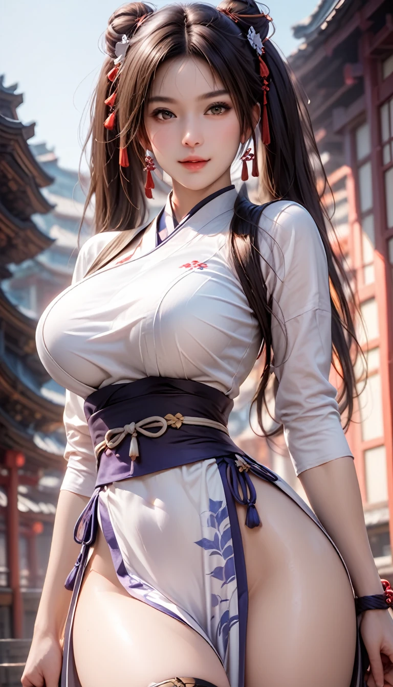 score_9, score_8_up, score_7_up, masterpiece, ultra detailed, 1 female, realistic,ntpn,solo, Japanese, Large breasts, Kunoichi dress, Kasumi erotic cosplay, Pigtail