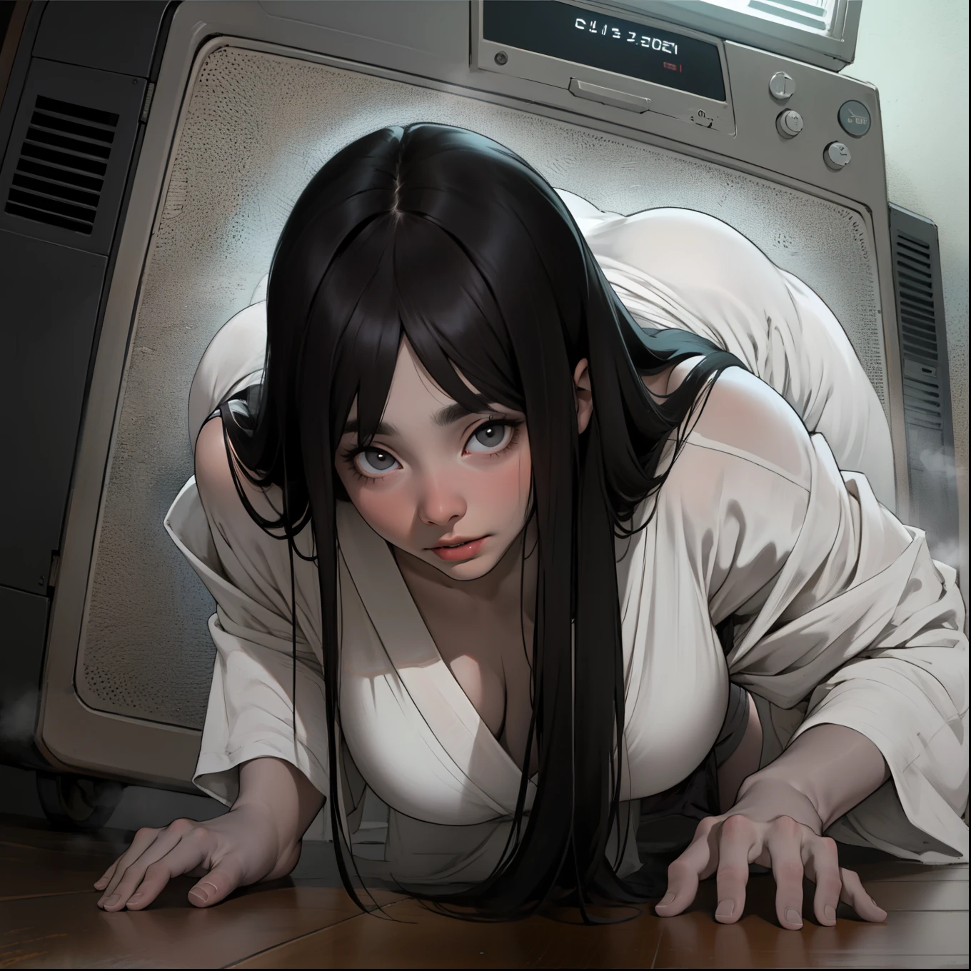 (masterpiece:1.3), (8k, Realistic, RAW Photos, highest quality: 1.4), ((1 Sadako)), Beautiful Face, (Realistic Face), (Black Hair, Long Hair:1.5), Beautiful hairstyle, ((The face is hidden by bangs:1.5)), Realistic eyes, ((White of the eyes:1.2)), Beautiful fine details, (Realistic Skin), Beautiful Skin, ((White skin:1.4)), Absurd, Charm, Ultra-high resolution, Ultra-realistic, Very detailed, Golden Ratio, ((Crouching)), A dark four-and-a-half-tatami Japanese-style room, (steam:1.0) looking up, top down, leaning forward 