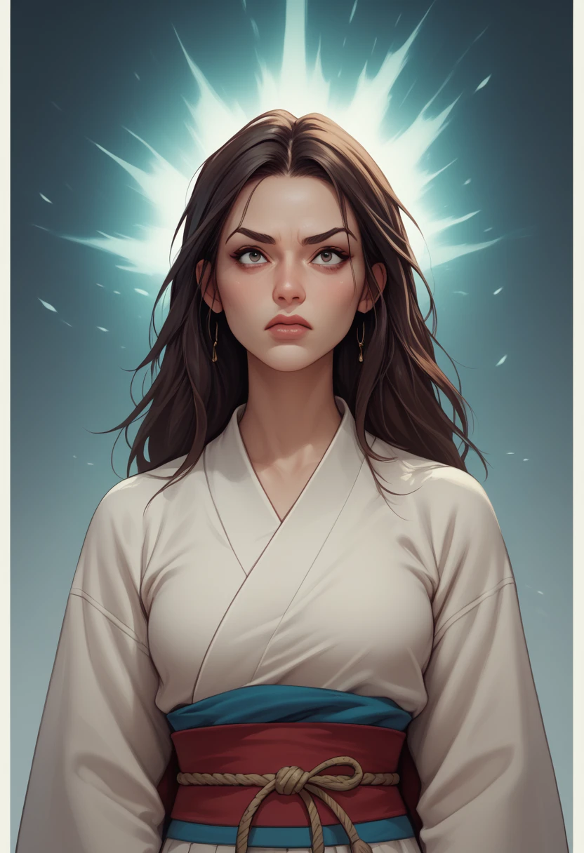 Appearance: Ashley would be a young woman of average height, with dark brown hair and an intense gaze. She would have a determined expression and a dark aura around her. She would wear a white kimono with red and black details, symbolizing her link with the spiritual world and the power of death, 8k high definition