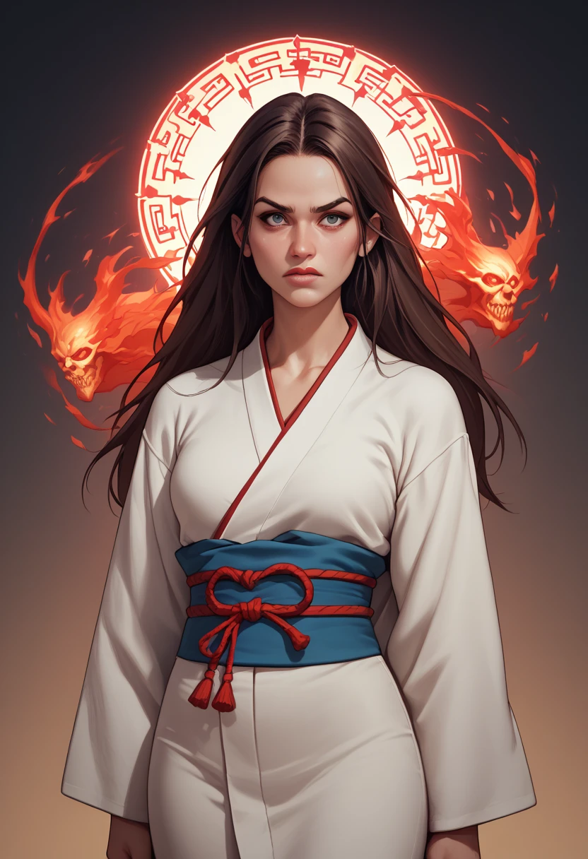 Appearance: Ashley would be a young woman of average height, with dark brown hair and an intense gaze. She would have a determined expression and a dark aura around her. She would wear a white kimono with red and black details, symbolizing her link with the spiritual world and the power of death, 8k high definition