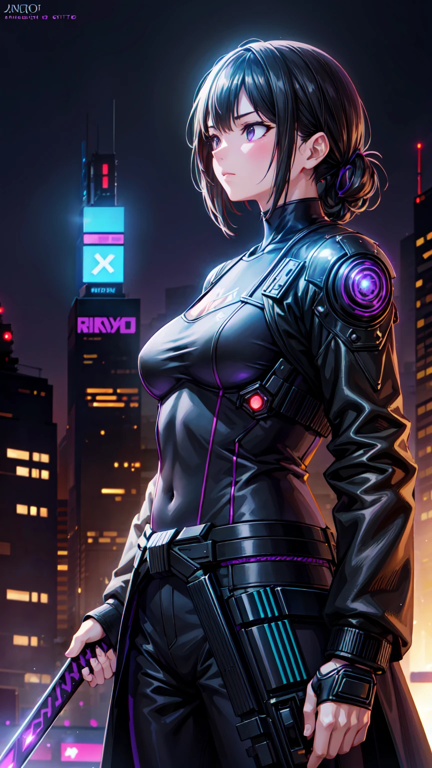 beautiful woman, antihero dressed in black and purple, laser katana sword in hand,  white skin,  long and black hair , portrait, Jeff Bridges, ((Estilo de dibujos animados)),  Marvel Cinematic Universe Style , ((( cyberpunk city background))), soft bokeh of a futuristic city , atey ghailan, Jeremy Mann, Greg Manchess, Antonio Moro,  trending in artstation , tendencia en CGsociety, intricate,  High level of detail ,   sharp focus ,  dramatic and photorealistic painting art by Midjourney and Greg Rutkowski, Bokeh in the background